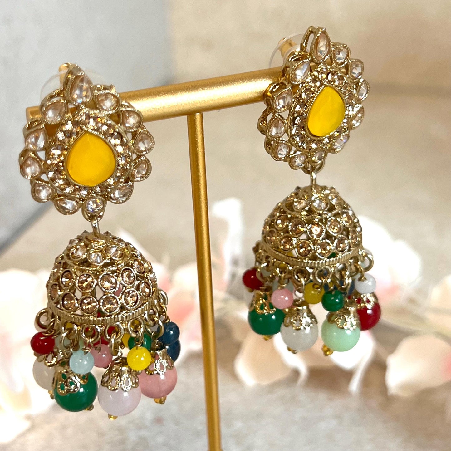 Yellow- Multicolour Jhumka Earrings and Tikka Set/ Henna party/Pakistani/ Indian Style Earring/ Antique Gold with Champagne Crystals