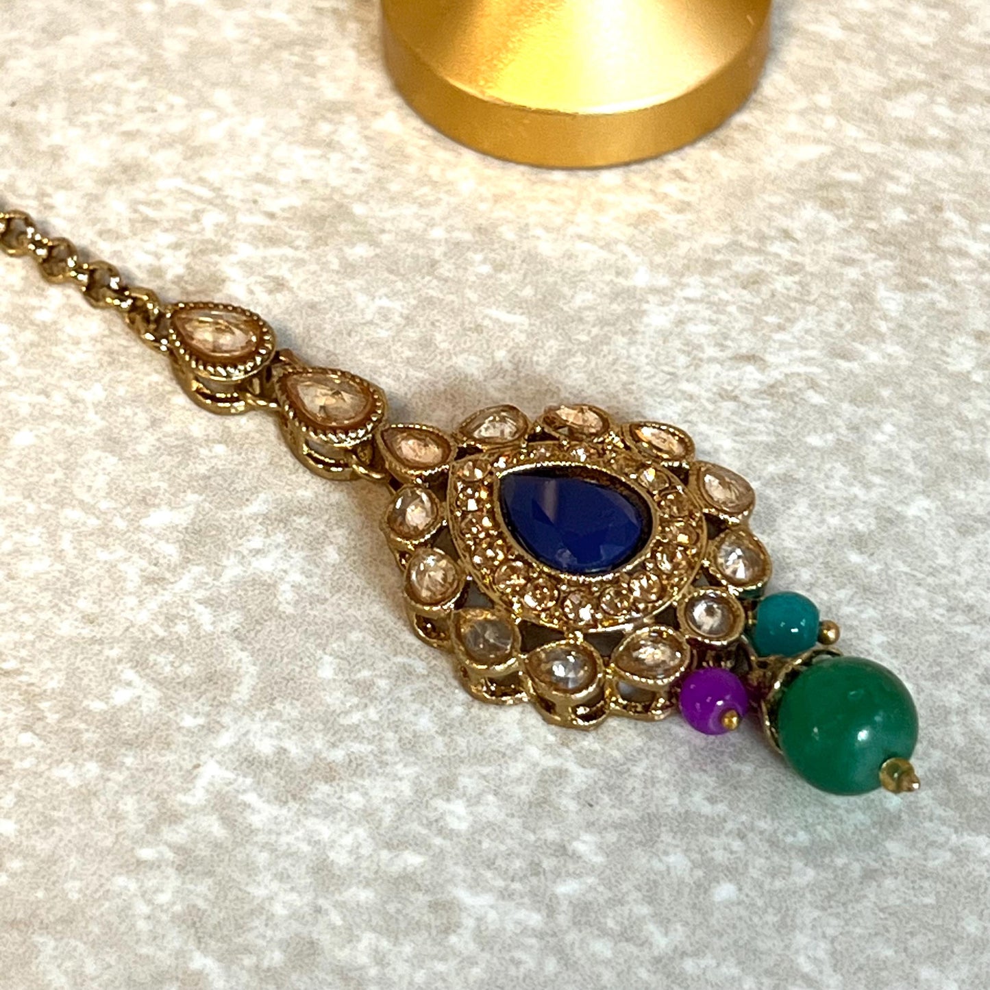 Navy - Multicolour Jhumka Earrings and Tikka Set/ Henna party/Pakistani/ Indian Style Earring/ Antique Gold with Champagne Crystals