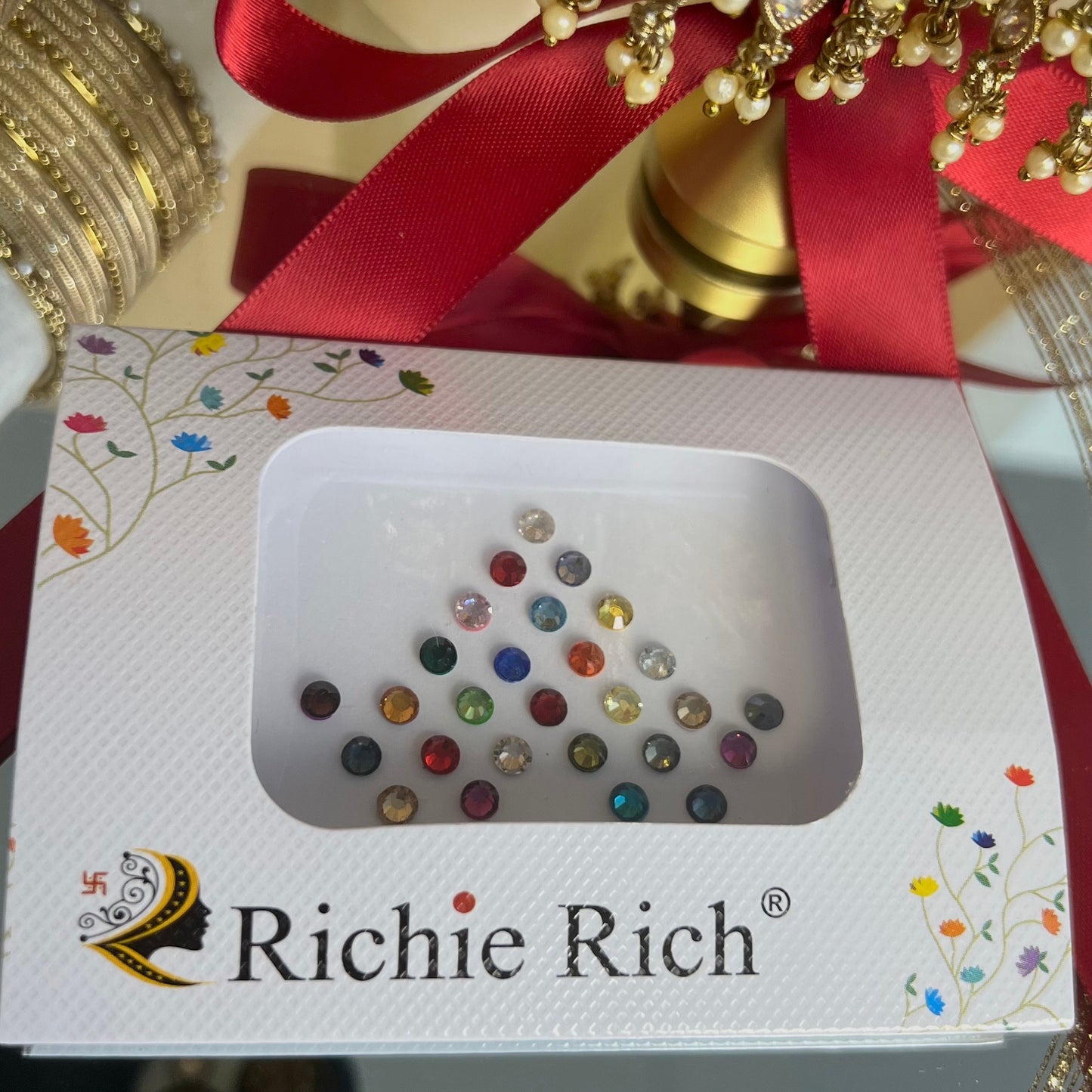 Gift Set For Her - Golden/Champagne Stone Jhumka Earrings, Small Bangles Set & Pack of Multicolour Bindi Pack/Valentines gifts