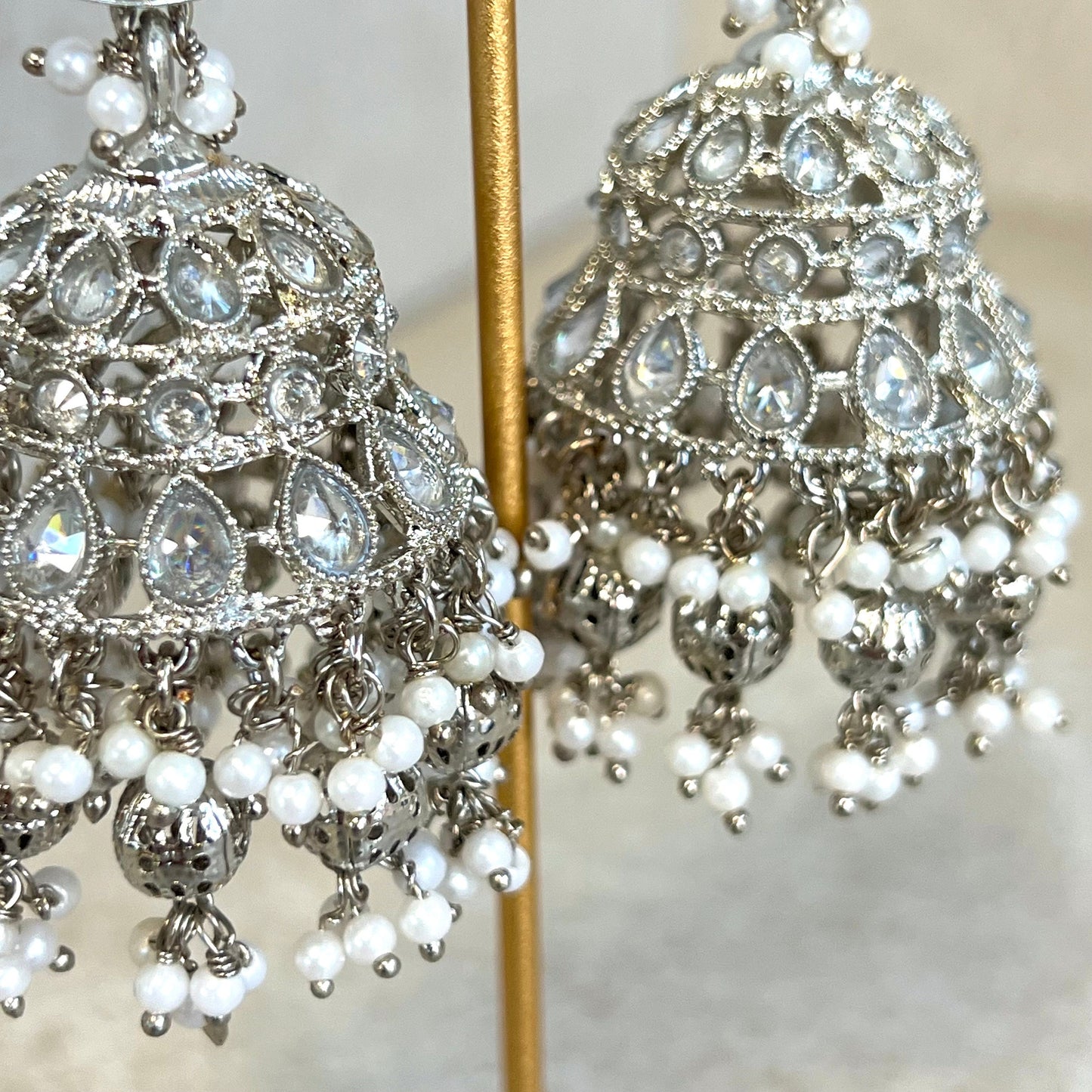 White Silver Crystal Large Tear Drop Jhumka Earrings - Indian Style Earring/Pakistani fashion/ Mendhi/Party/Haldi/ Diwali Gift/ Eid Gift