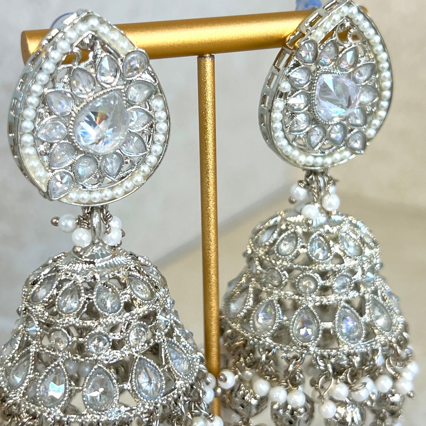 White Silver Crystal Large Tear Drop Jhumka Earrings - Indian Style Earring/Pakistani fashion/ Mendhi/Party/Haldi/ Diwali Gift/ Eid Gift