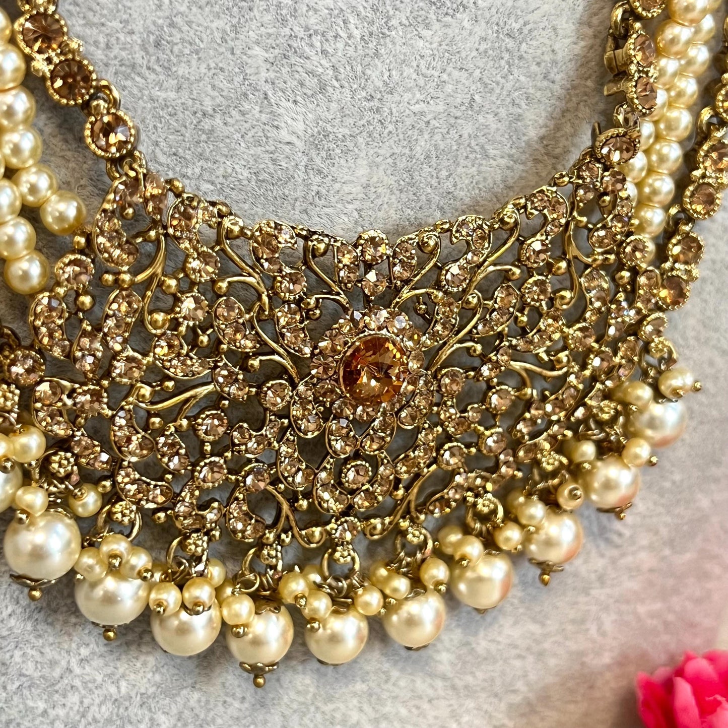 Antique Gold with Golden Rhinestone/ Long Mala/ Haar/ Long Necklace/ Unique Style/ Indian/ Pakistani/Fashion Jewellery/ Gift for Women