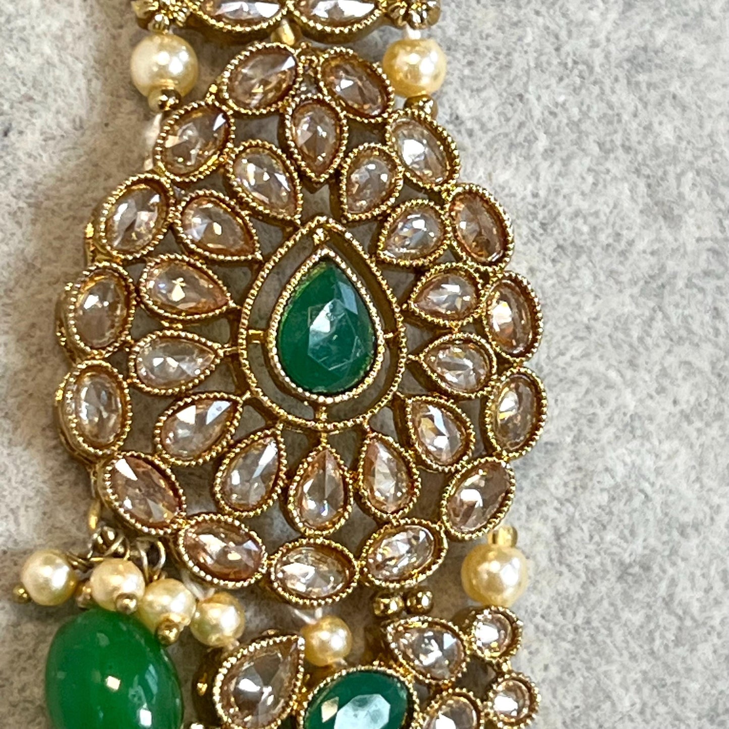 Green Antique Gold with Champagne Zircon Crystal/ Long Mala/ Haar/ Long Necklace/ Unique Style/ Indian/ Pakistani/Fashion Jewellery/ Gift