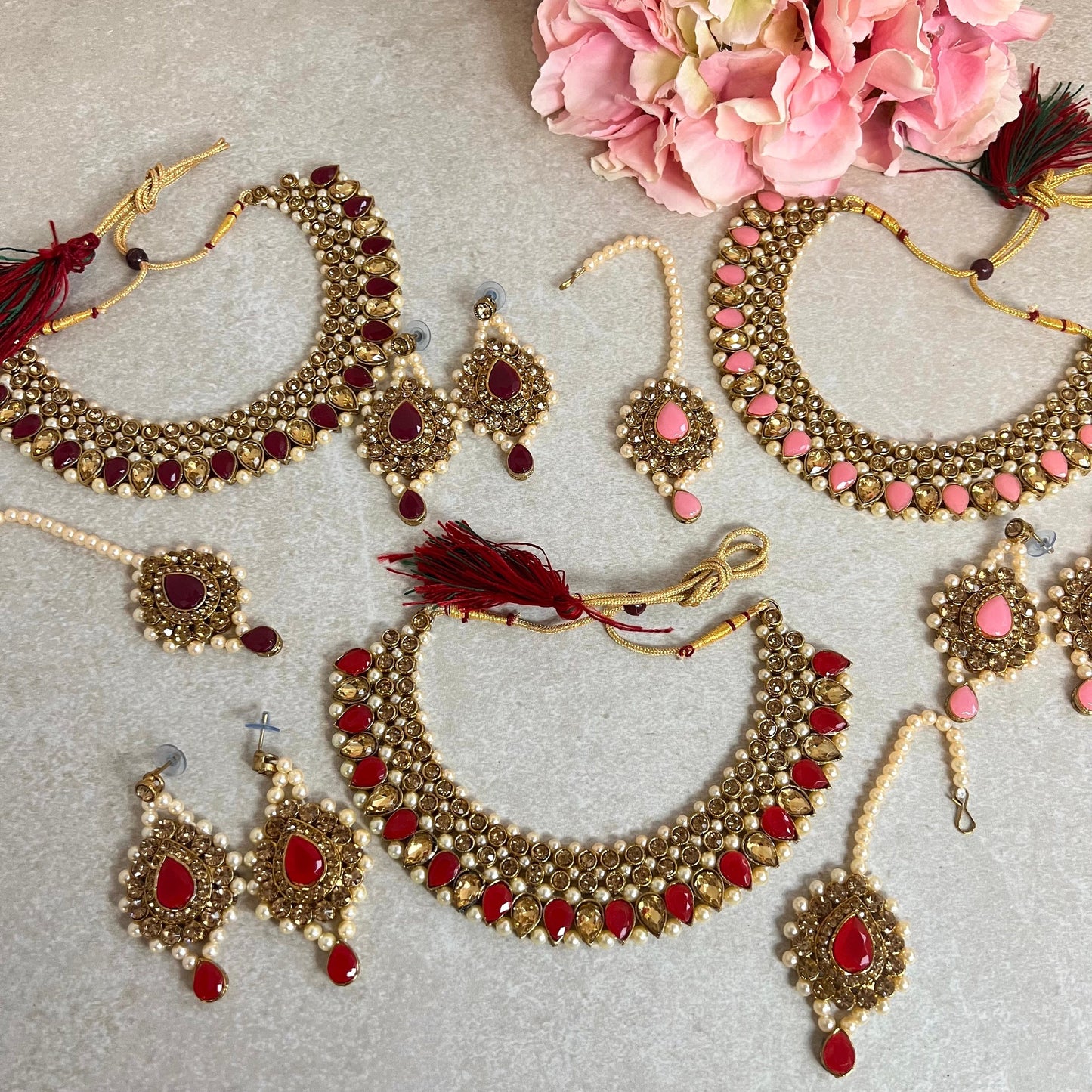 Red and Gold Rhinestone Necklace Set Earring and Tikka/ Indian/ Pakistani/Fashion Jewellery/ Gift for Women/ Diwali/ Eid/ Party