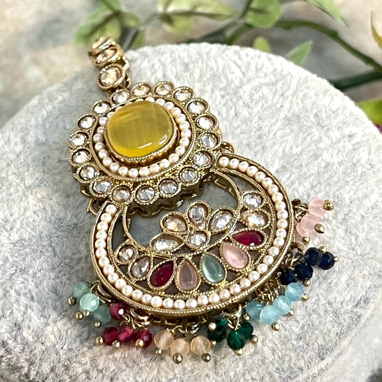 Yellow-Multicoloured Choker Set with Jhumka Earring and Tikka/ Antique Gold with Champagne Zircon Crystal/Asian Jewellery/ Multiple Colours