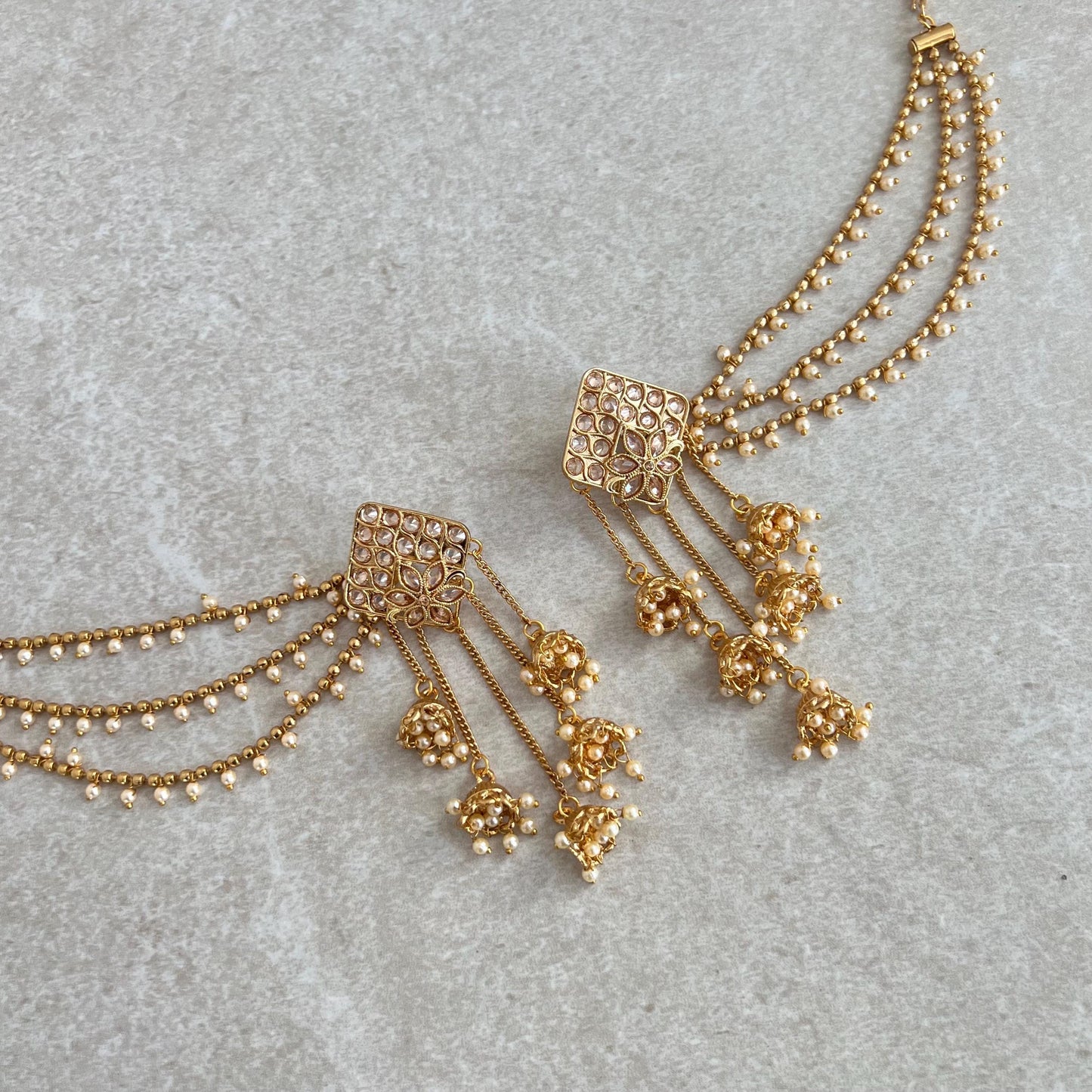 Golden Jhumka Earrings With Ear Chains/Saharay/ Indian Style Earring/ Square Design