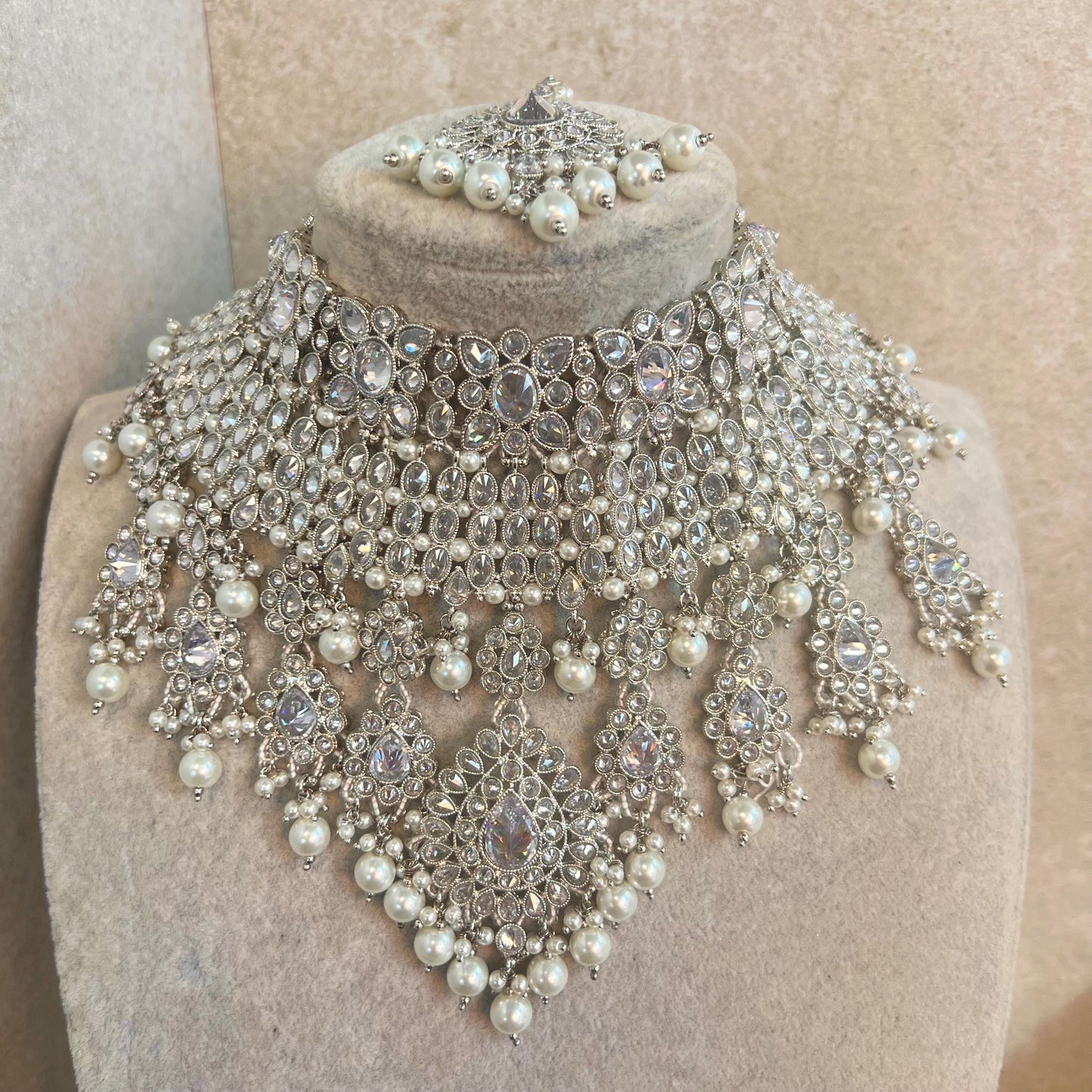 Silver Bridal Set - Pearl Indian/ Pakistani Style With Jhumka earring, Tikka/Tikli/ Heavy Set/ Wedding/ Fashion Jewellery/ Necklace set