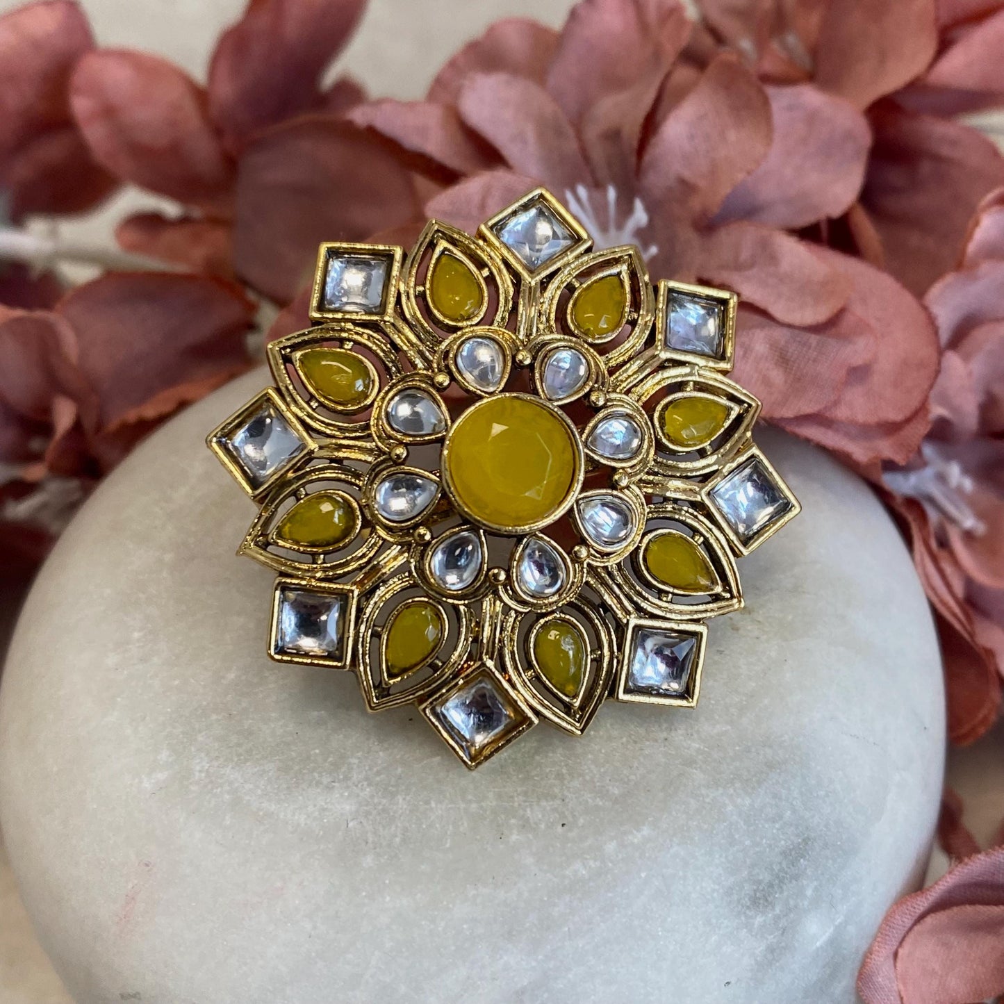 Yellow Faux Kundan Ring/ Fashion Jewellery/ Gift for Women/Indian/Pakistani style