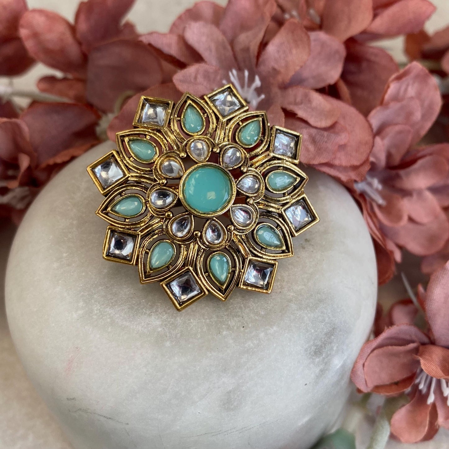 Light Blue Adjustable Kundan Ring/ Fashion Jewellery/ Gift for Women/Indian/Pakistani style