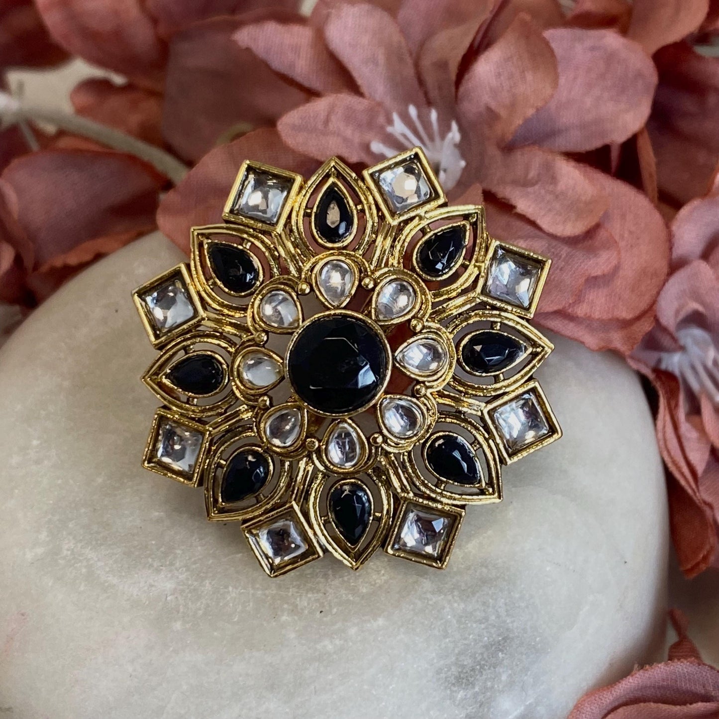 Black Faux Kundan Adjustable Ring/ Fashion Jewellery/ Gift for Women/Indian/Pakistani style