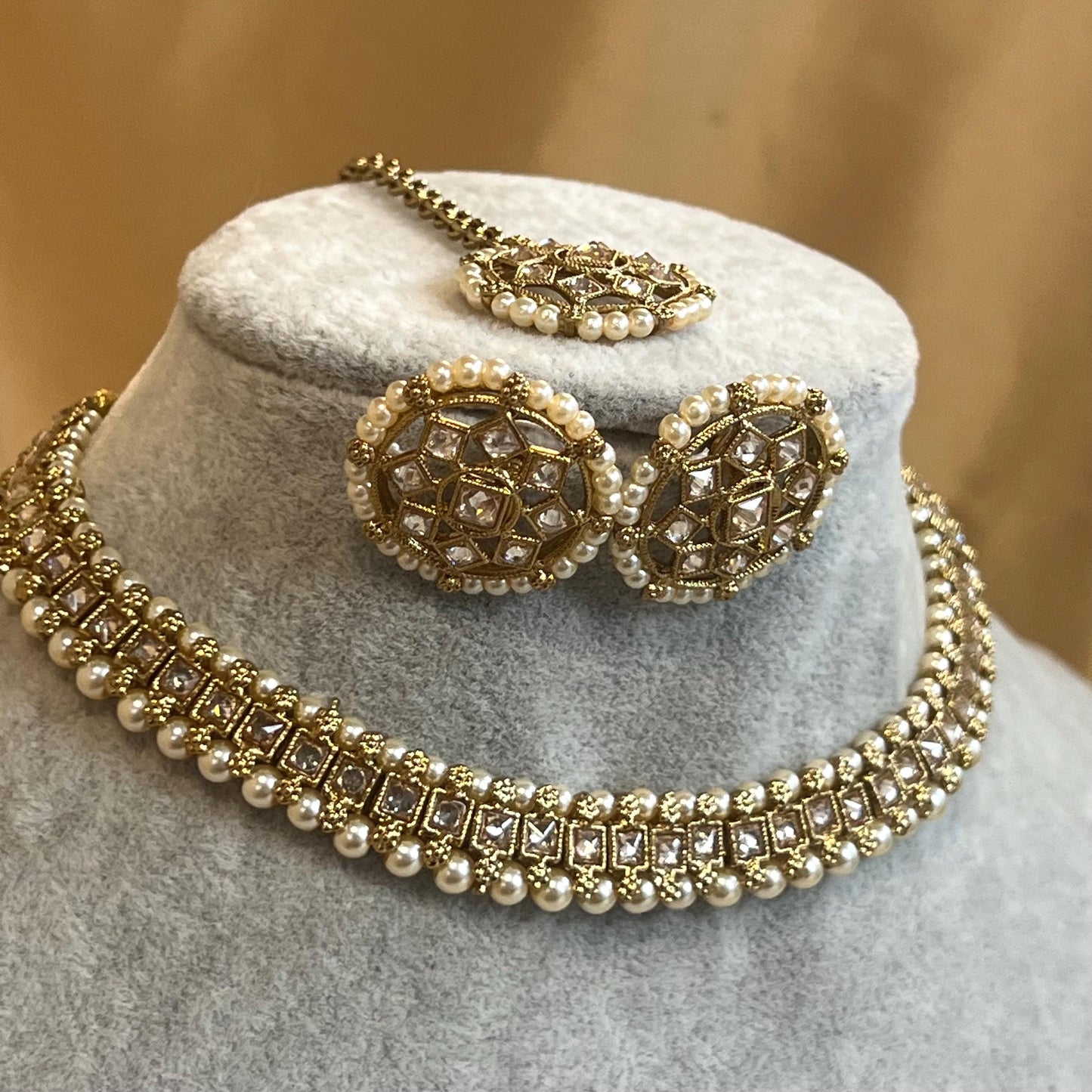 Pearl Thin Necklace Set Earring/ Tikka/ Tikli/ Indian/ Pakistani/Fashion Jewellery/ Gift for Women/ Antique Gold with Champagne crystals