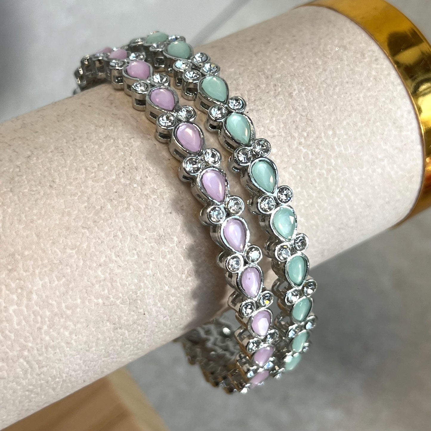 1 x Pink 1 x Mint Single Statement Bangle. Silver Base Colourful Pastel Stones/ Size larger 2.10 only/ Multicolour