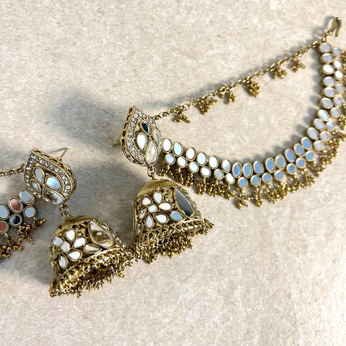 Antique Gold/Golden Mirror Detail Jhumka Earrings With Ear Chains/Saharay/ Indian Style Earring