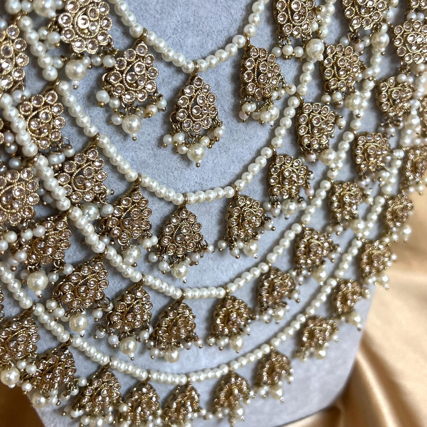 Antique Gold and Champagne 5 Layered pearl Long Mala/ Haar/ Long Necklace/ Unique Style/ Indian/ Pakistani/Fashion Jewellery/ Gift for Women