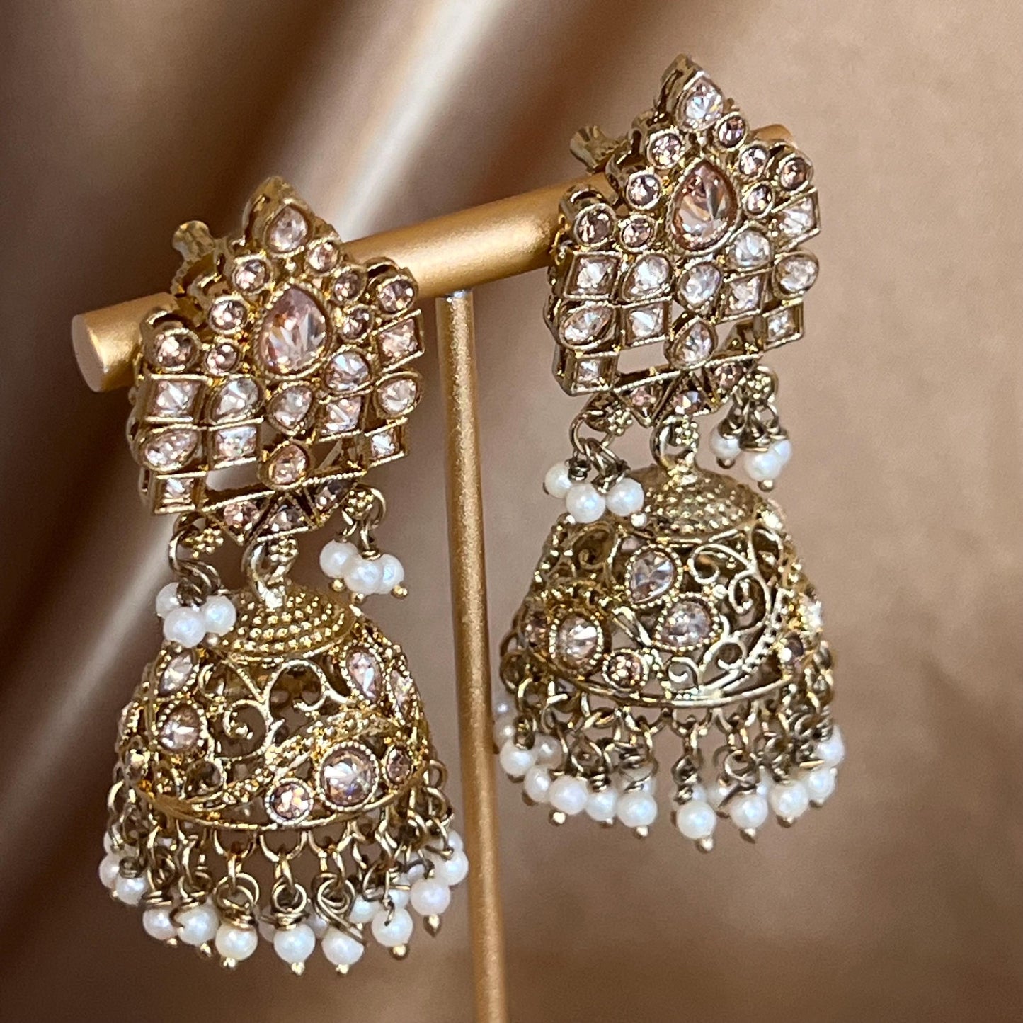 Pearl Antique Gold with Champagne Zircon Crystals. Necklace Set Jhumka Earring and Tikka/ Indian/ Pakistani/Fashion Jewellery/ Gift