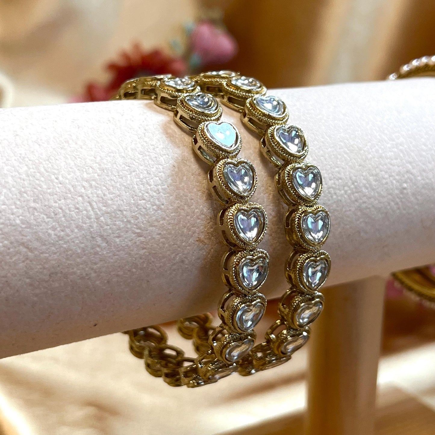 Heart Bangles/ Clear- Antique Gold and Clear Stone Bangles (Pair)/Indian/ Pakistani/Jewelley/ Fashion Bracelet/2.6 only