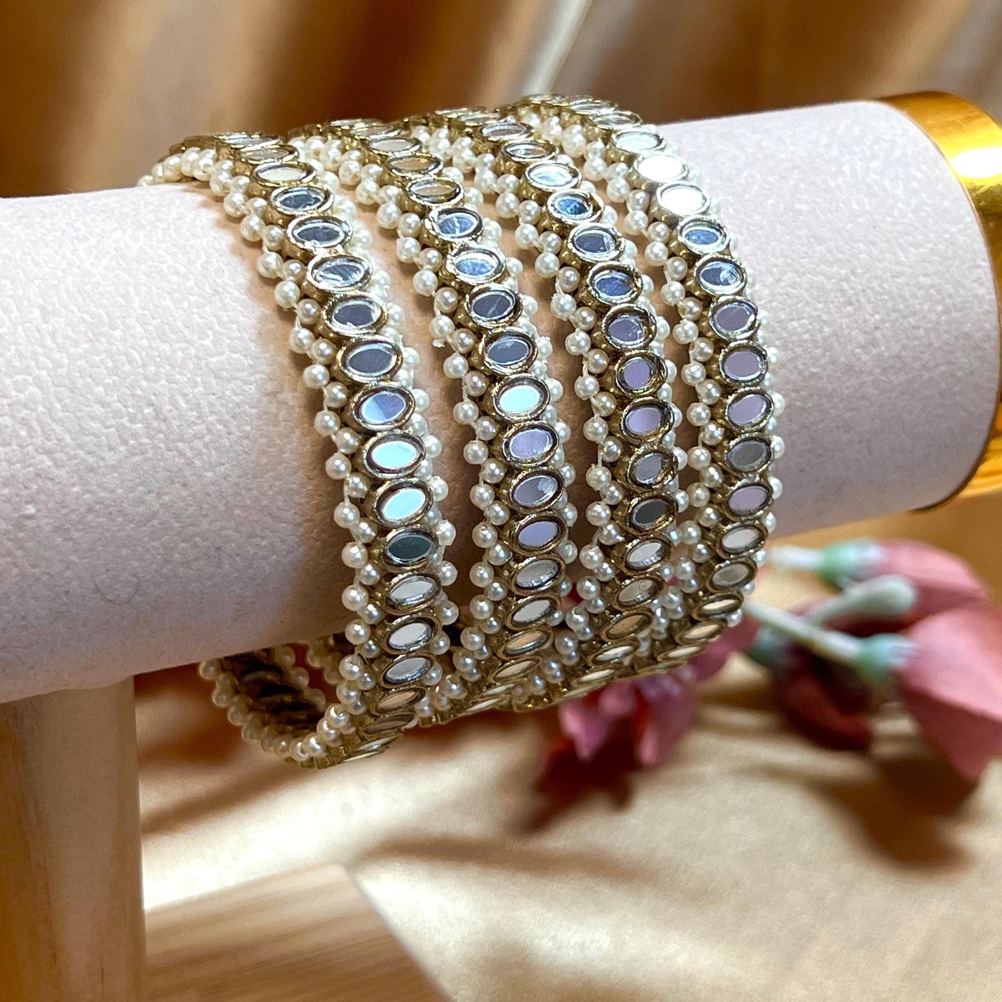 Mirror Bangles/ Clear- Antique Gold and Mirror Detail Bangles (Set of 4)/Indian/ Pakistani/Jewelley/ Fashion Bracelet/2.6 only/ Handmade