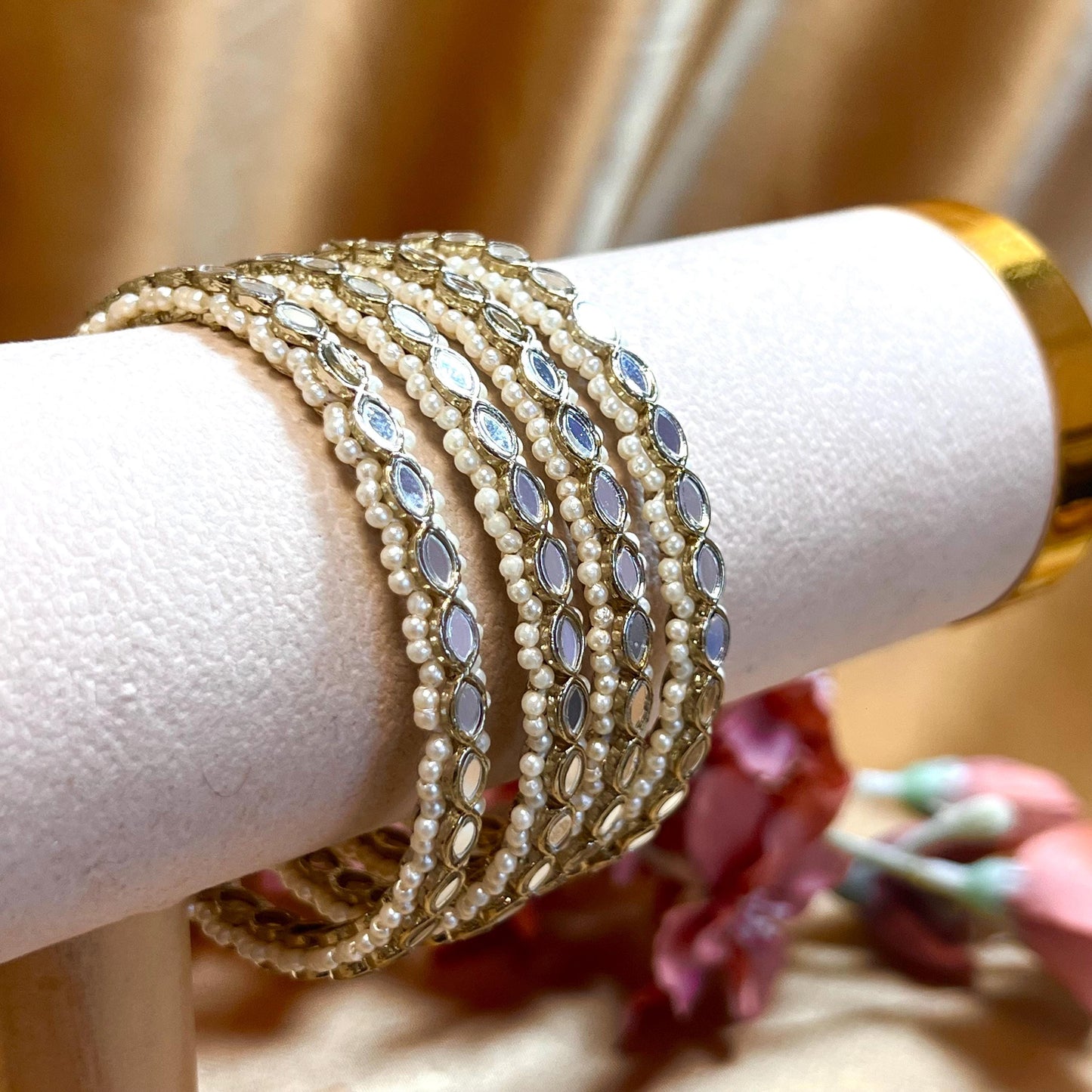 Mirror Bangles/ Clear- Antique Gold and Mirror Detail Bangles (Set of 4)/Indian/ Pakistani/Jewelley/ Fashion Bracelet/2.6 only/ Handmade