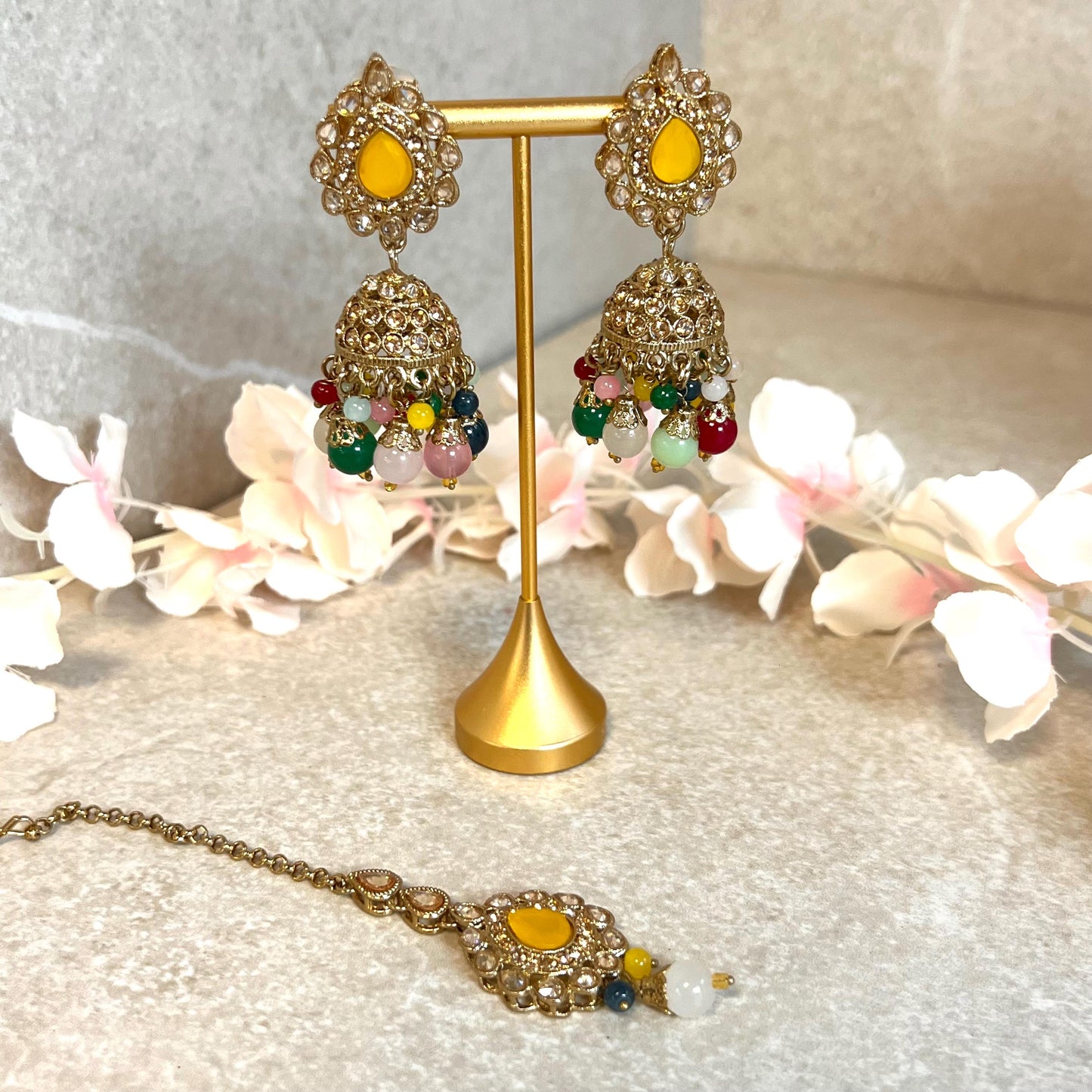 Yellow- Multicolour Jhumka Earrings and Tikka Set/ Henna party/Pakistani/ Indian Style Earring/ Antique Gold with Champagne Crystals