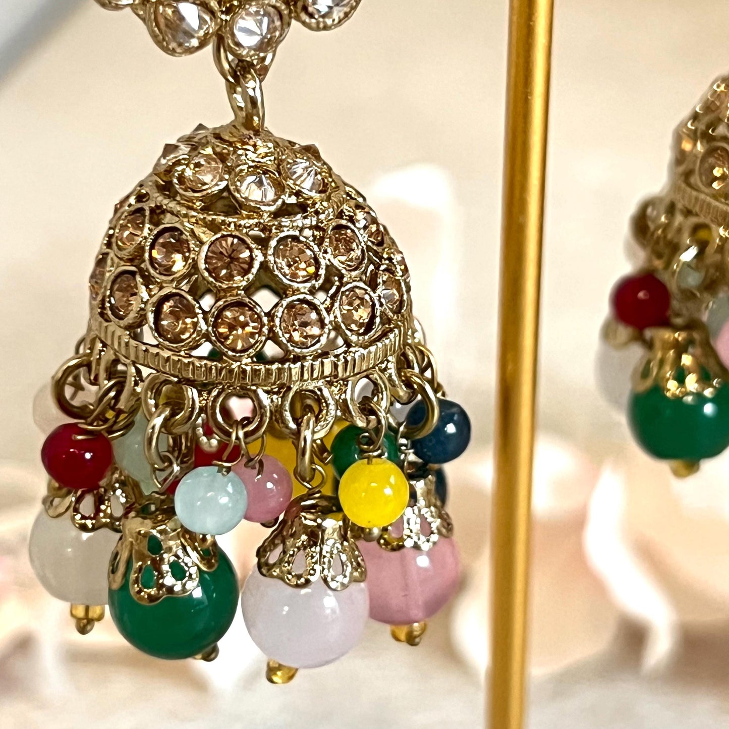 Yellow- Multicolour Jhumka Earrings and Tikka Set/ Henna party/Pakistani/ Indian Style Earring/ Antique Gold with Champagne Crystals
