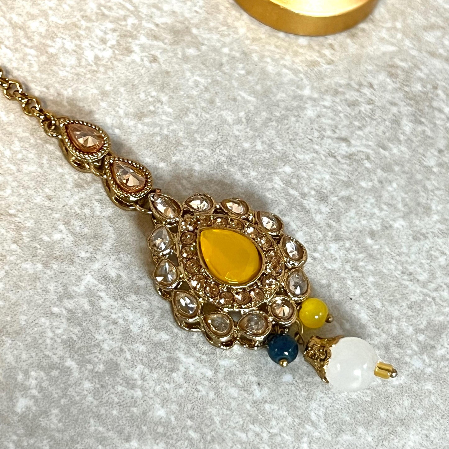 Yellow- Multicolour Jhumka Earrings and Tikka Set/ Henna party/Pakistani/ Indian Style Earring/ Antique Gold with Champagne Crystals