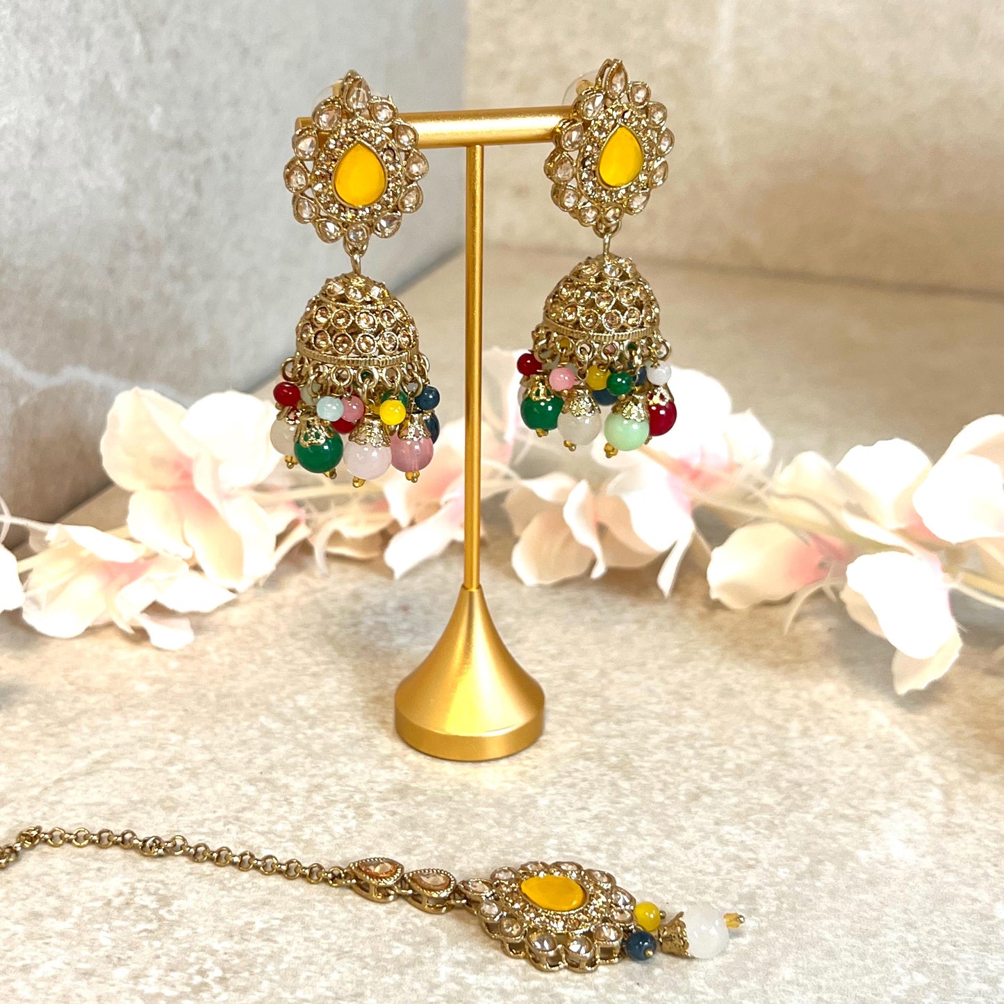 Yellow- Multicolour Jhumka Earrings and Tikka Set/ Henna party/Pakistani/ Indian Style Earring/ Antique Gold with Champagne Crystals
