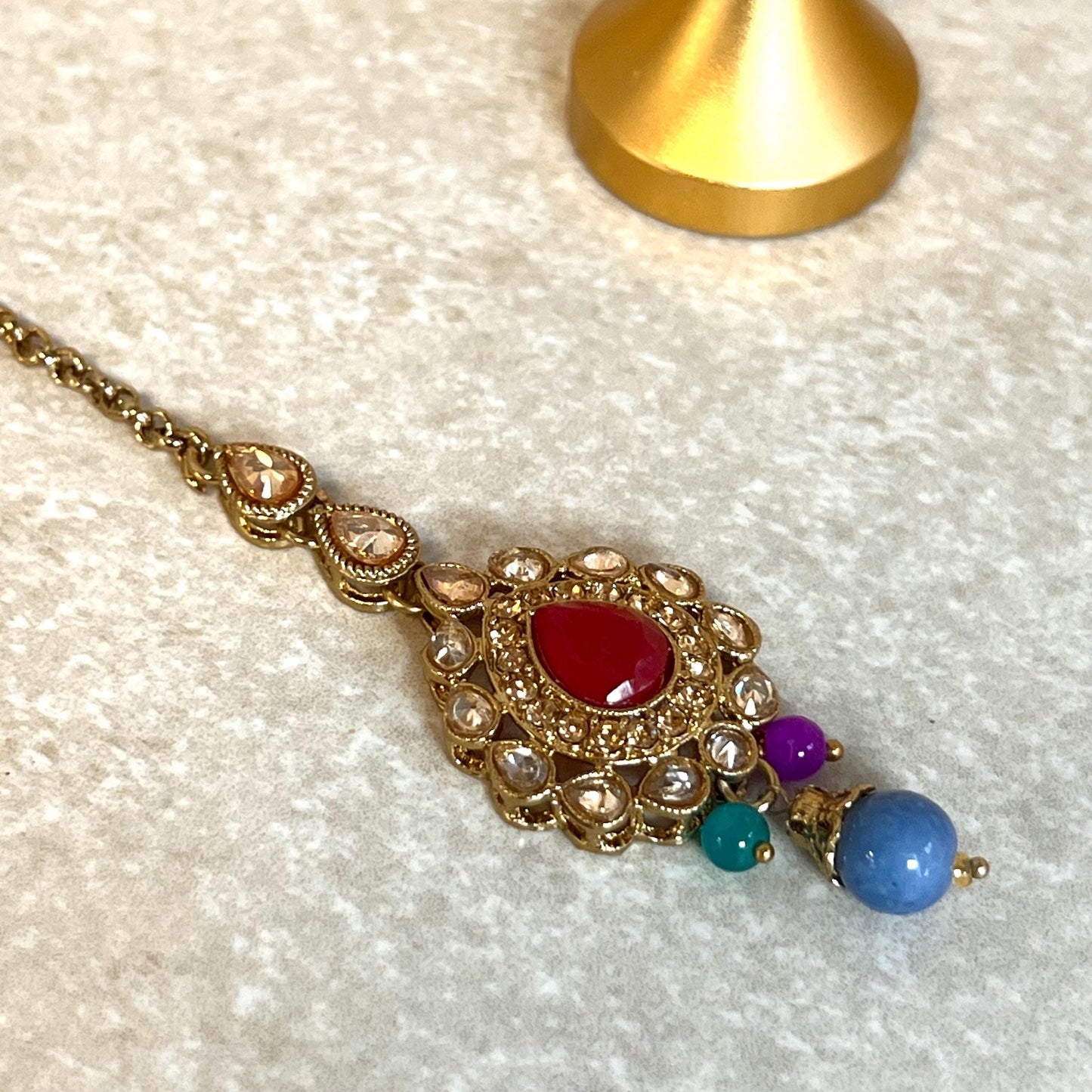 Red - Multicolour Jhumka Earrings and Tikka Set/ Henna party/Pakistani/ Indian Style Earring/ Antique Gold with Champagne Crystals