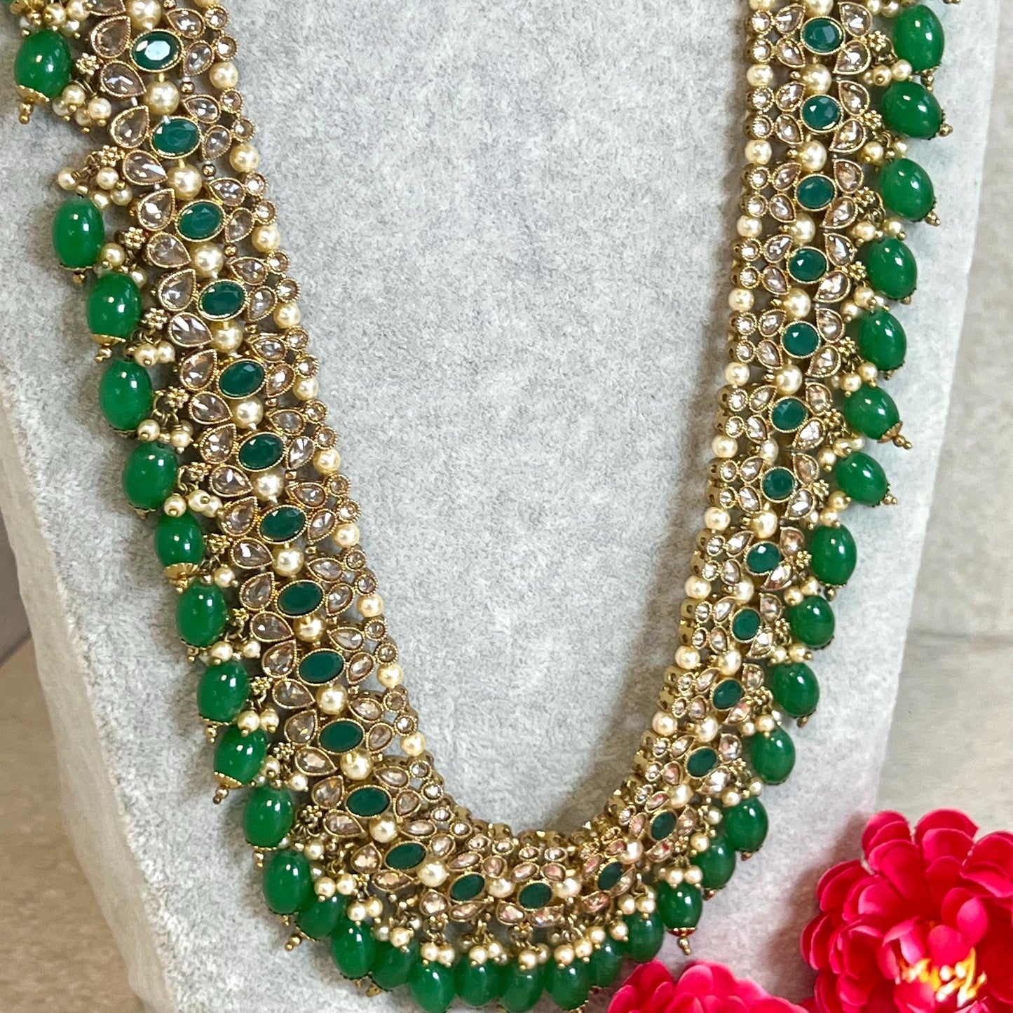 Green Antique Gold with Champagne Zircon Crystal/ Long Mala/ Haar/ Long Necklace/ Unique Style/ Indian/ Pakistani/Fashion Jewellery/ Gift