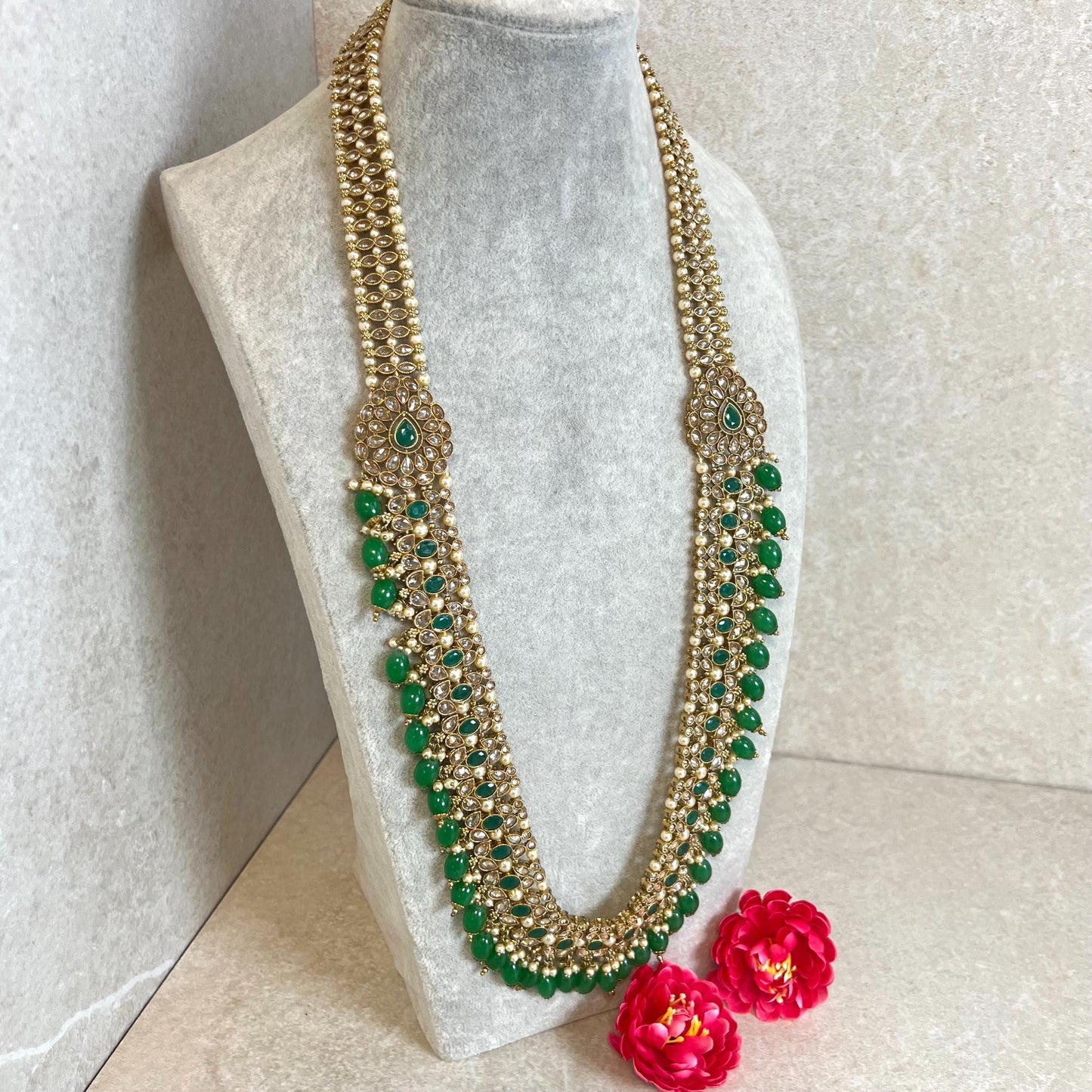 Green Antique Gold with Champagne Zircon Crystal/ Long Mala/ Haar/ Long Necklace/ Unique Style/ Indian/ Pakistani/Fashion Jewellery/ Gift