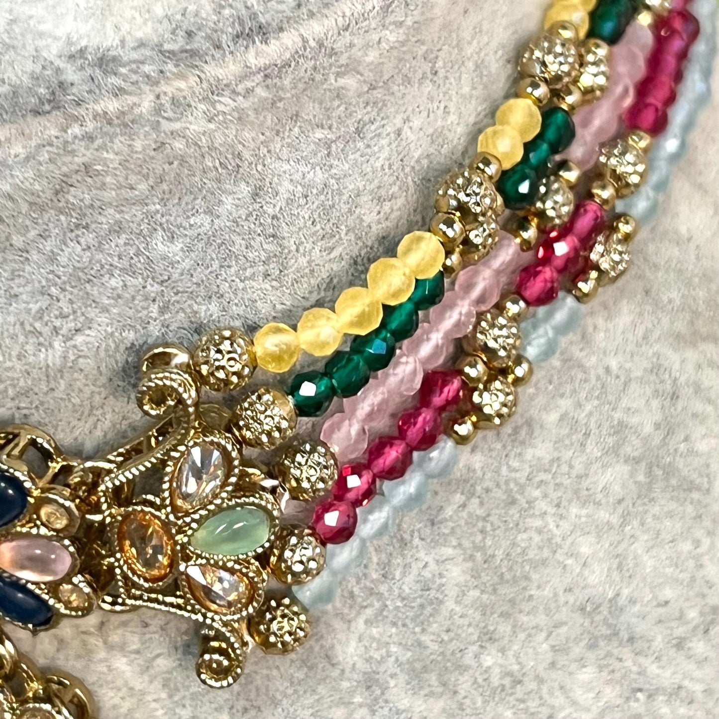 Yellow-Multicoloured Choker Set with Jhumka Earring and Tikka/ Antique Gold with Champagne Zircon Crystal/Asian Jewellery/ Multiple Colours