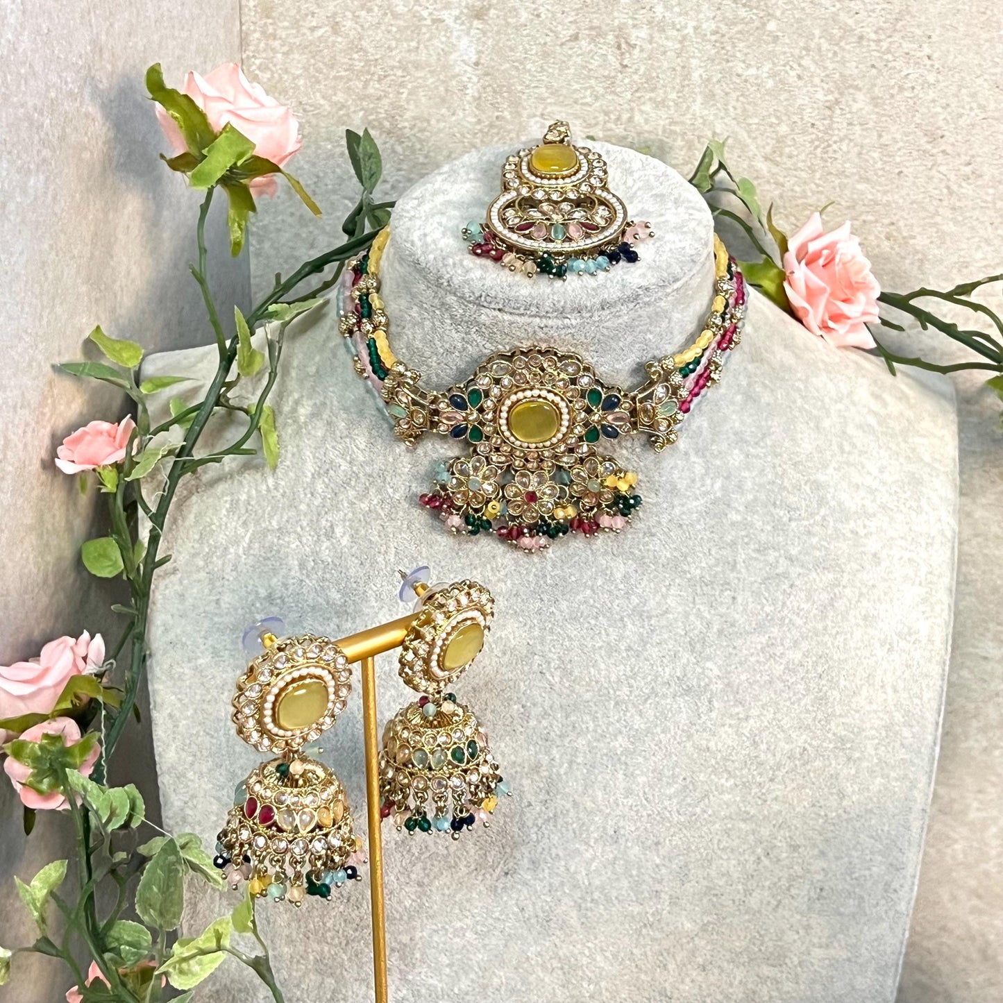 Yellow-Multicoloured Choker Set with Jhumka Earring and Tikka/ Antique Gold with Champagne Zircon Crystal/Asian Jewellery/ Multiple Colours