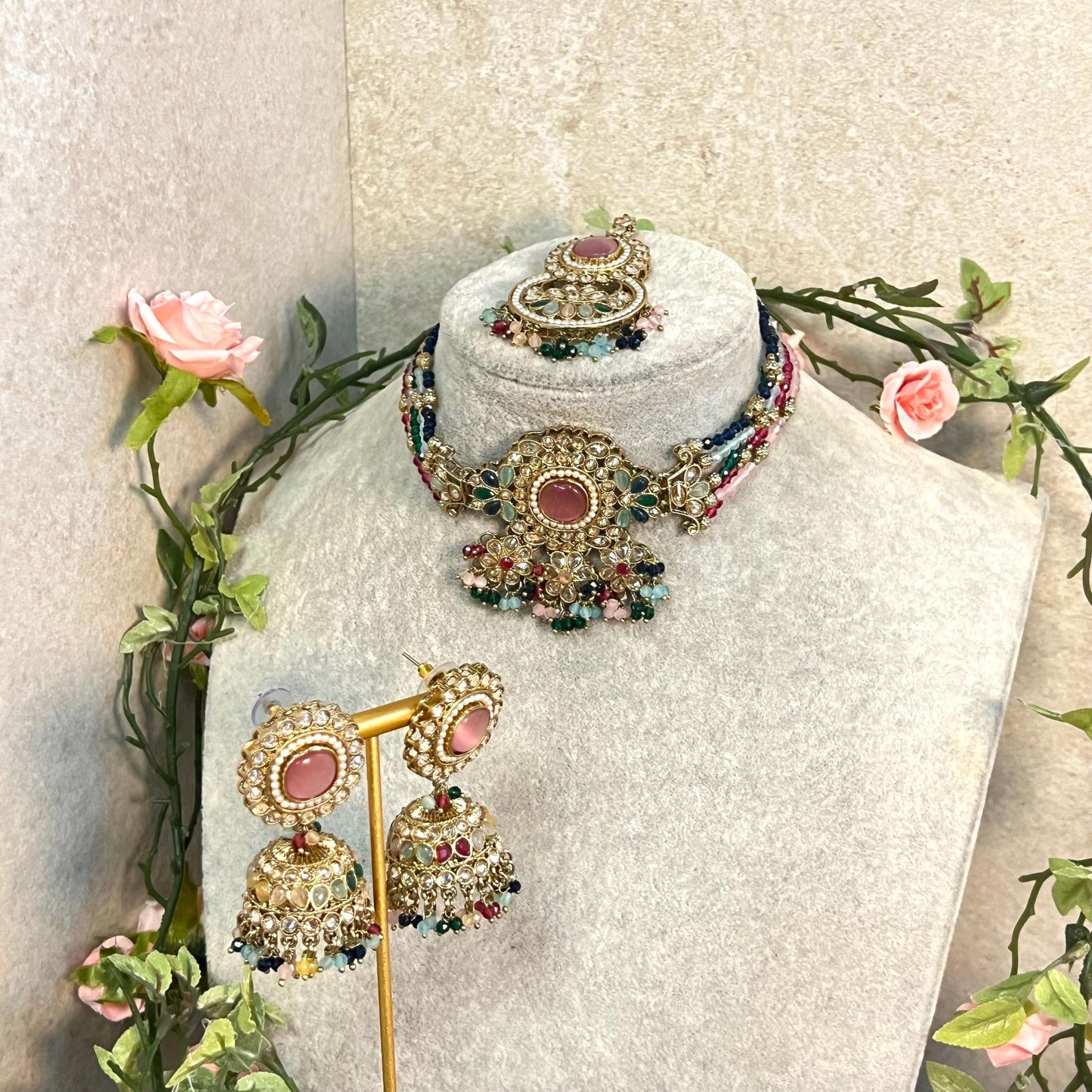 Pink -Multicoloured Choker Set with Jhumka Earring and Tikka/ Antique Gold with Champagne Zircon Crystal/Asian Jewellery/ Multiple Colours