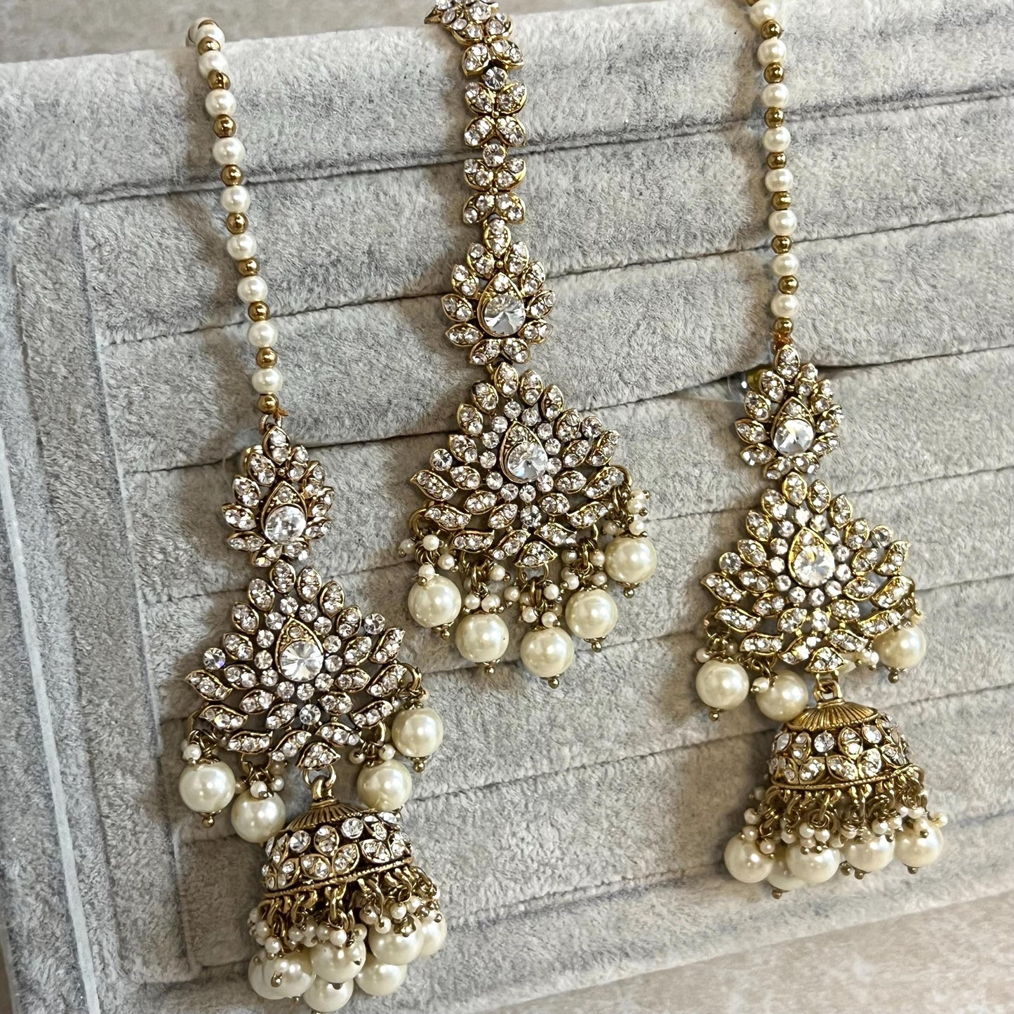 Antique Gold with Clear Rhinestone Long Necklace set With Jhumka Earring and Tikka/long necklace/ Haar/ Mala/ Earring/Wedding/Fashion/ Bride