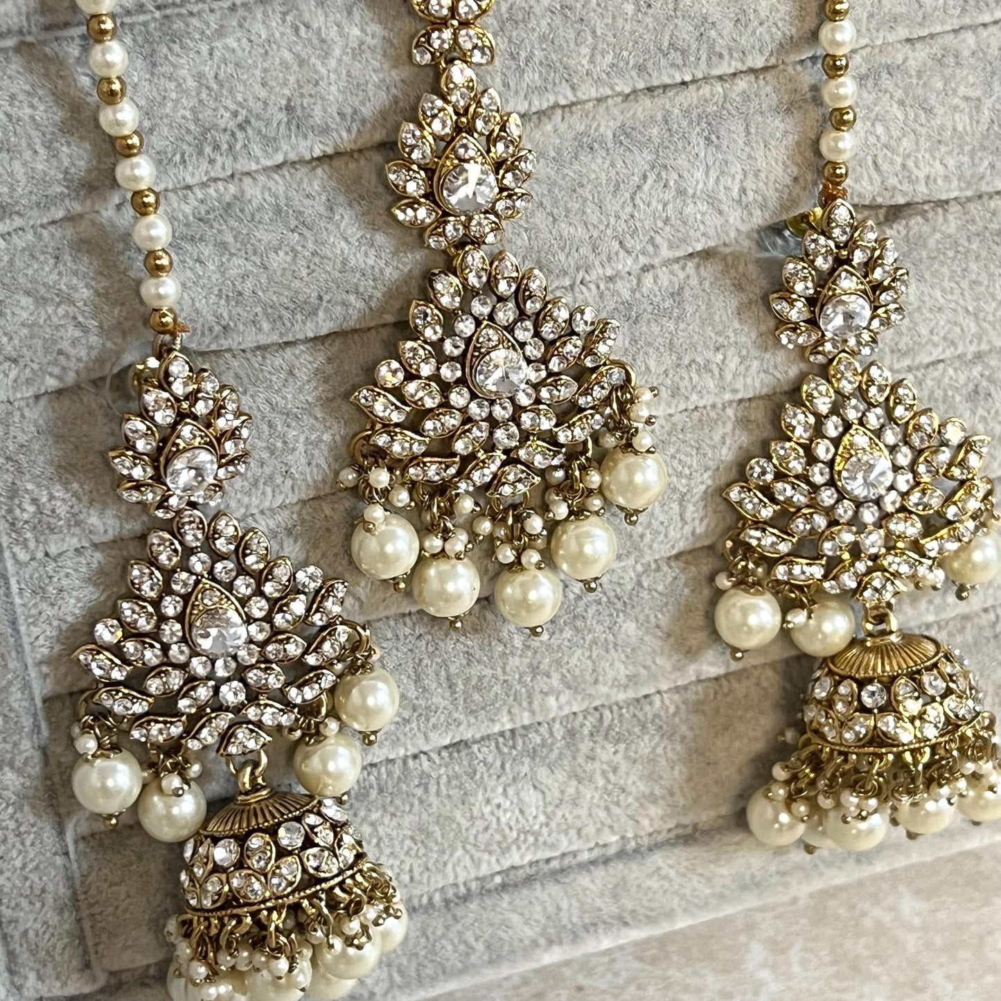 Antique Gold with Clear Rhinestone Long Necklace set With Jhumka Earring and Tikka/long necklace/ Haar/ Mala/ Earring/Wedding/Fashion/ Bride