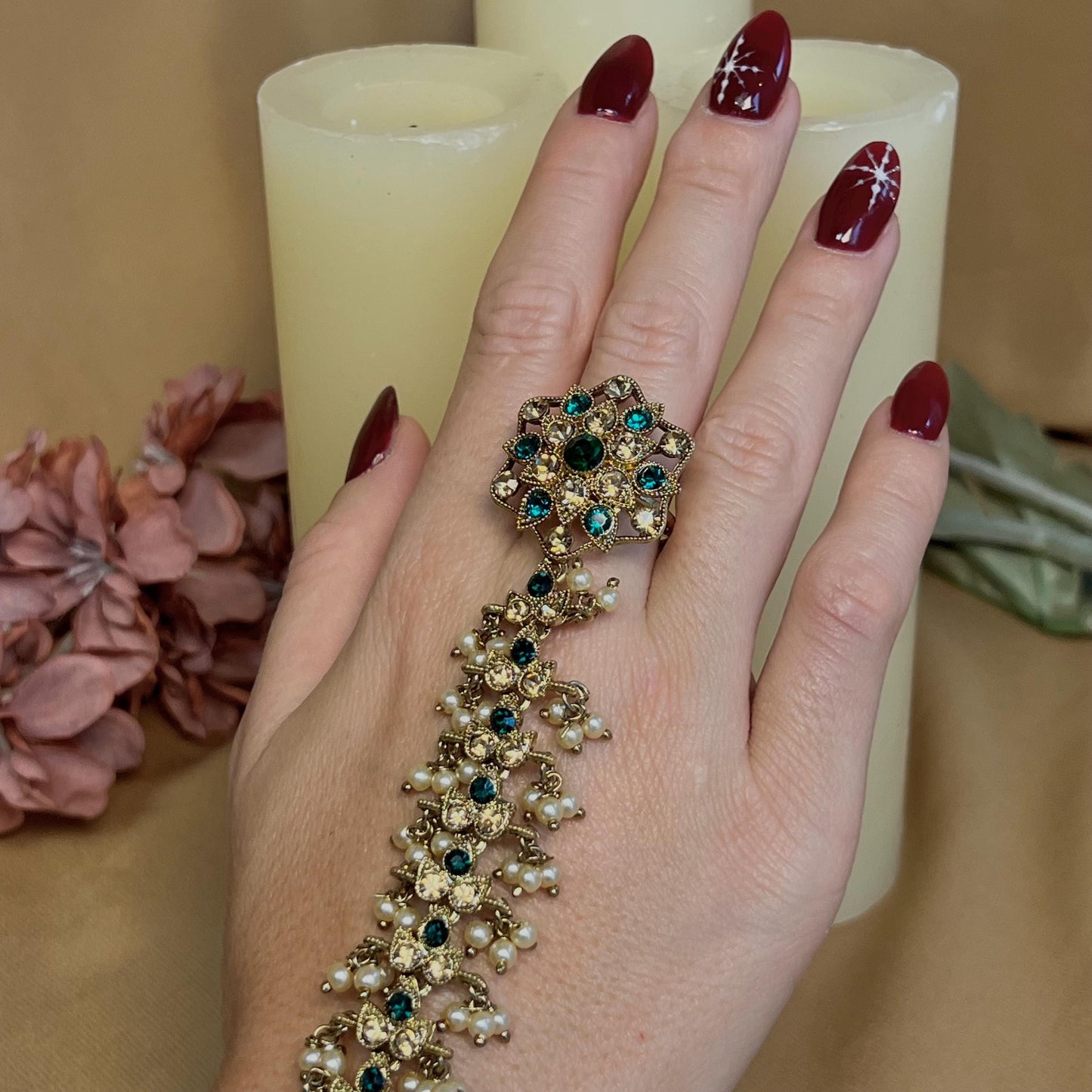 Hand Harness - Golden/ Green/ Fashion Jewellery/ Gift for Women/Indian/Pakistani style /Haathphool/Hand Accessory