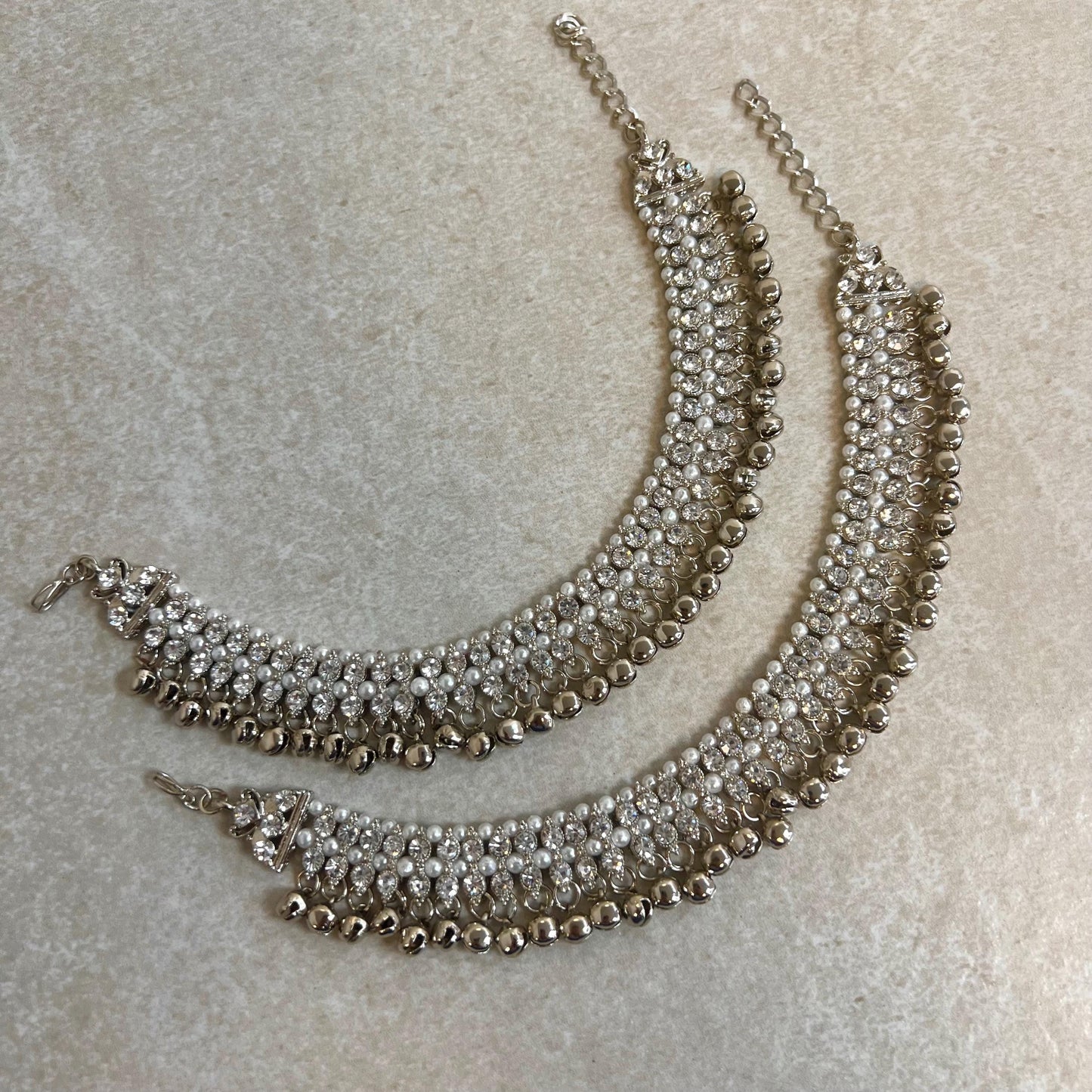 Anklets Silver Rhinstone/ Bell Detail /Indian/ Pakistani Style Jhanjra/ Foot Accessory