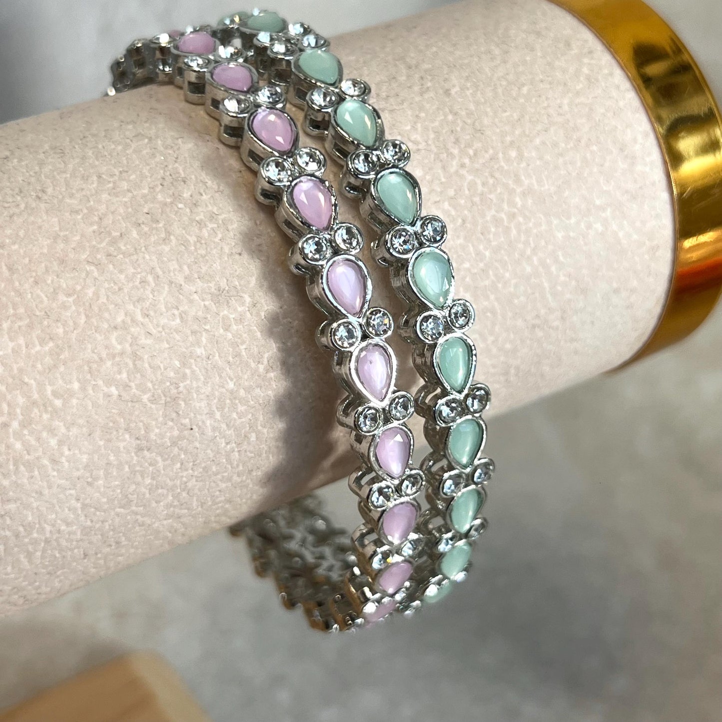 1 x Pink 1 x Mint Single Statement Bangle. Silver Base Colourful Pastel Stones/ Size larger 2.10 only/ Multicolour