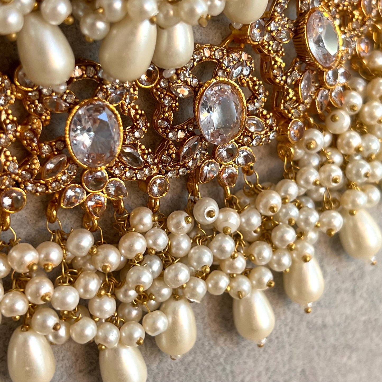 Full Bridal Set - Antique Gold Clear Rhinestone Indian / Pakistani Style/Necklace, Choker, Chain Jhumka Earring, Tikka, Jhumar Wedding/ Gift