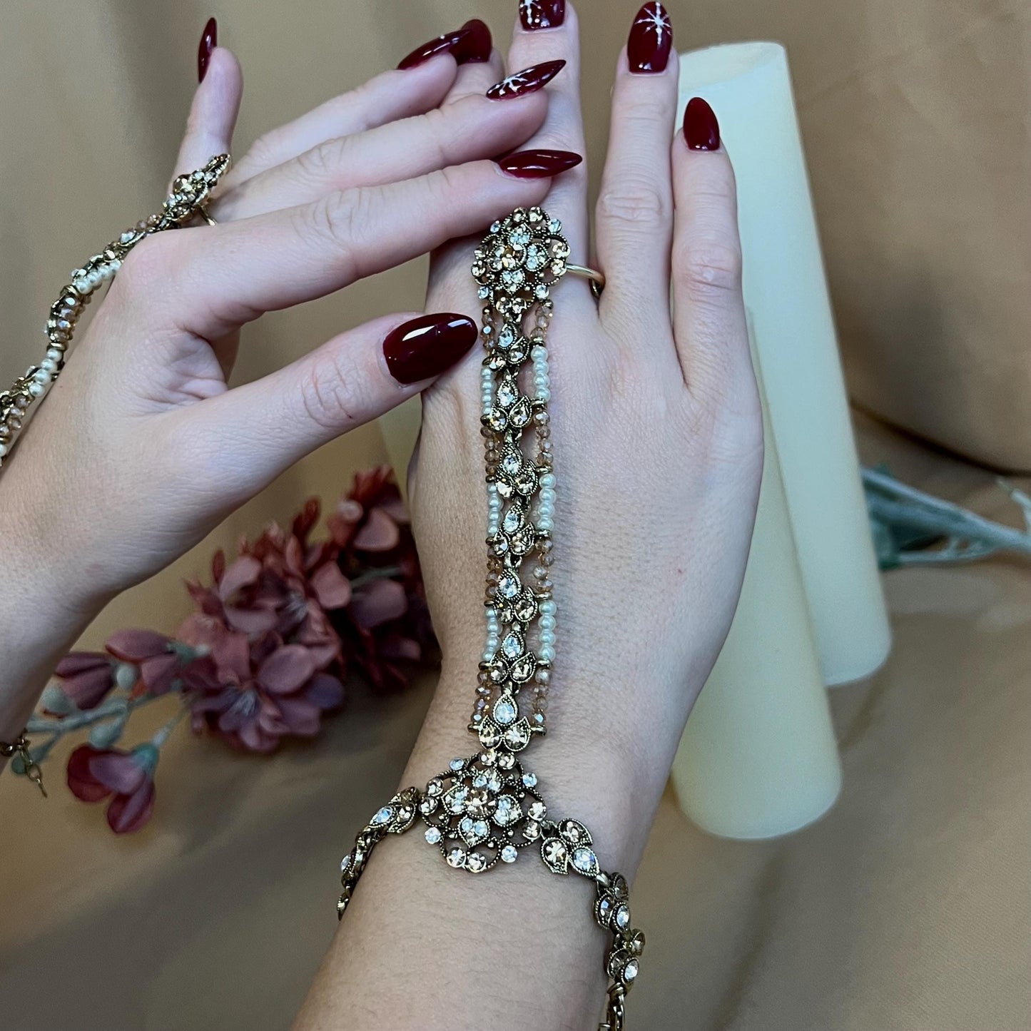 Golden Pearl Hand Harness/ Fashion Jewellery/ Gift for Women/Indian/Pakistani style /Haathphool/Hand Accessory