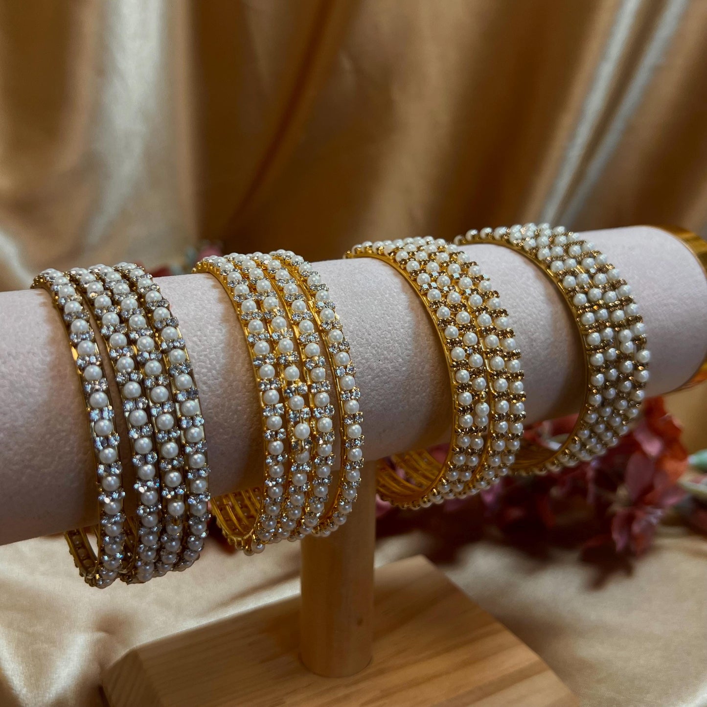 Set of 4 Pearl Bangles - Clear (Light Gold)/ Golden/Bronze/ Indian/ Pakistani/Jewelley/ Fashion Bracelet/2.8 only / Choose Colour