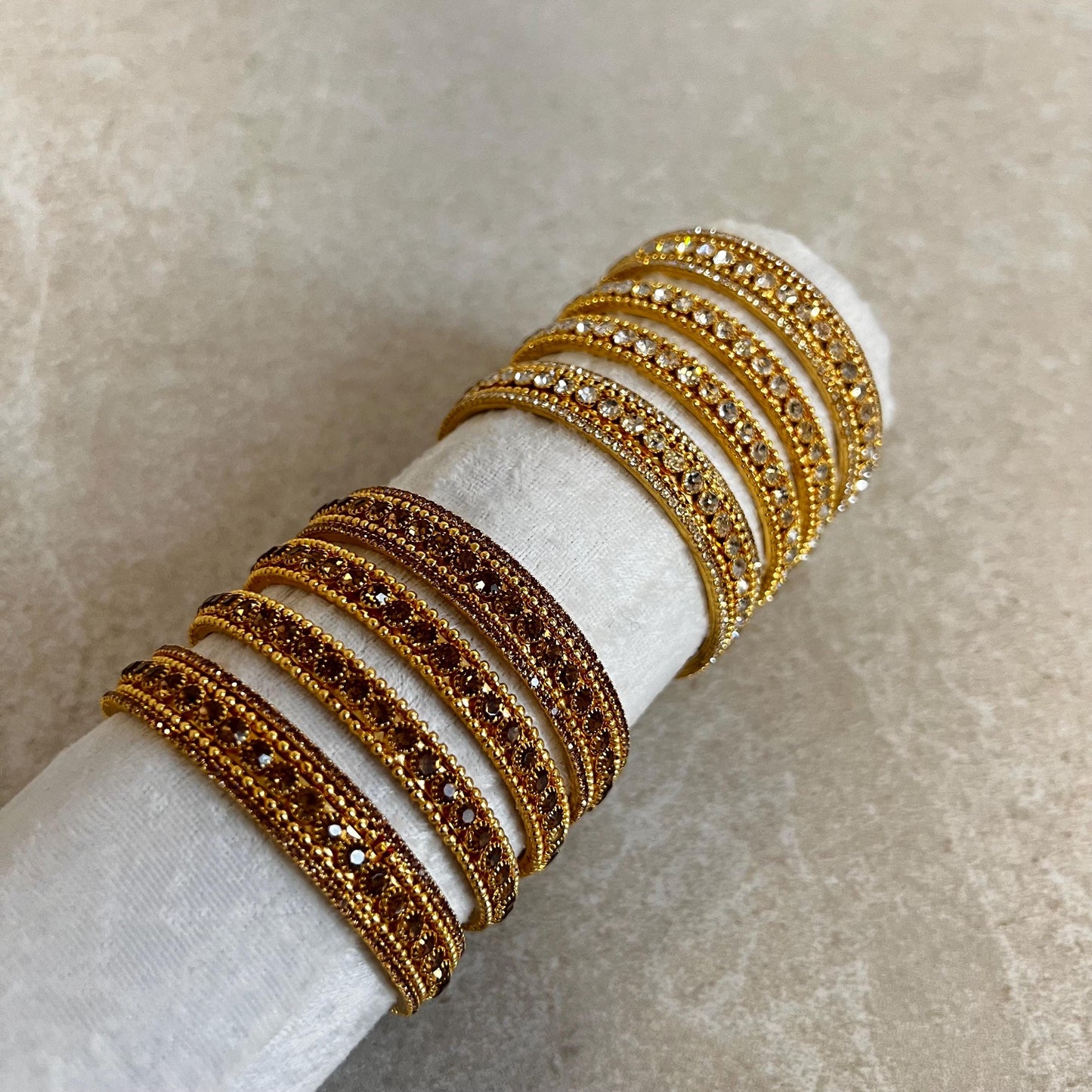 2.4 Set of 4 Bangles in Antique Gold with Golden/ Clear Rhinestone/2 chunky 2 thin bangles. Choose Colour/ Simple Statement Bangles Ends