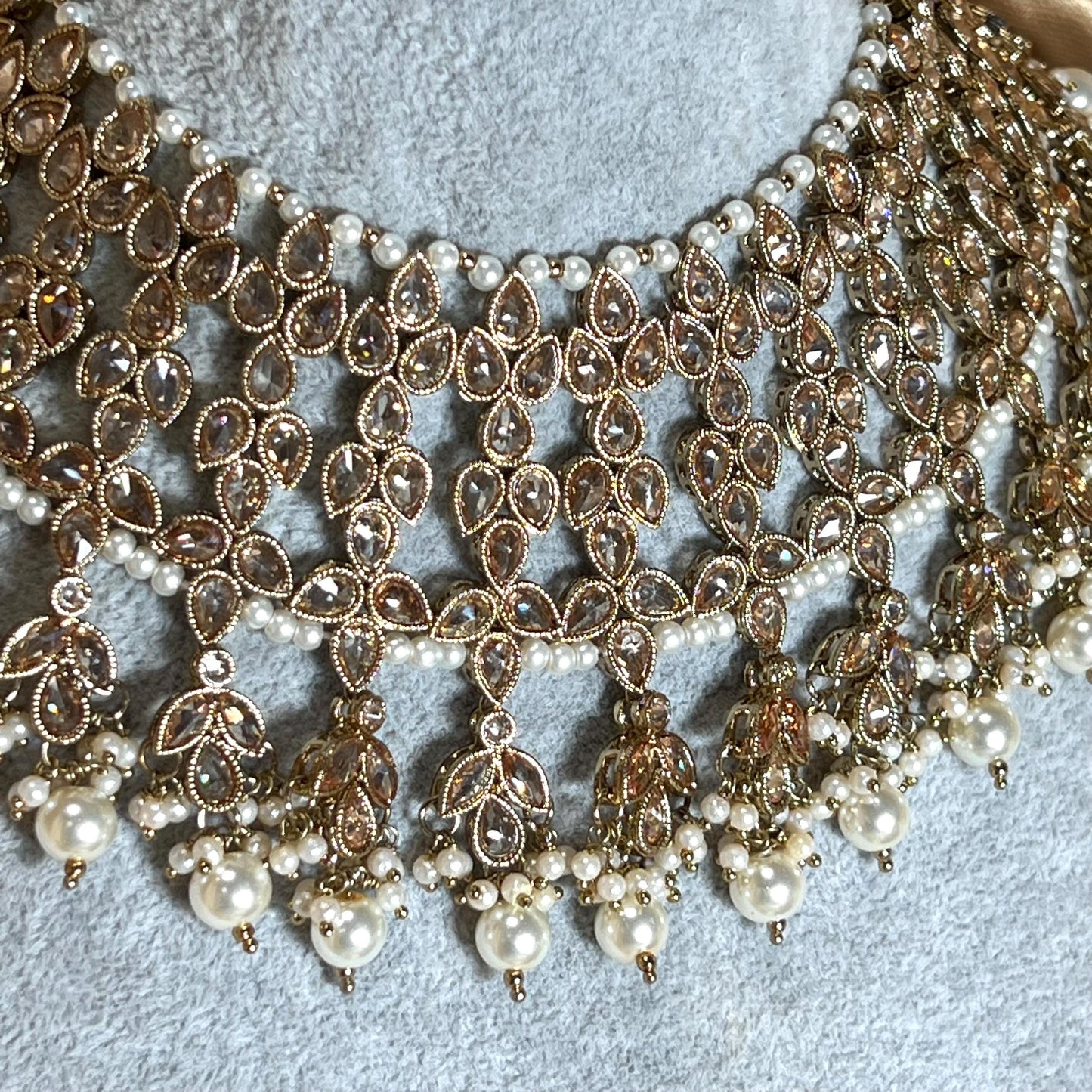 Pearl Double Bridal Set , Antique gold with Champagne Zircon Crystals- Indian/ Pakistani Style/Bridal set/Wedding/ Gold/ Jhumka earring