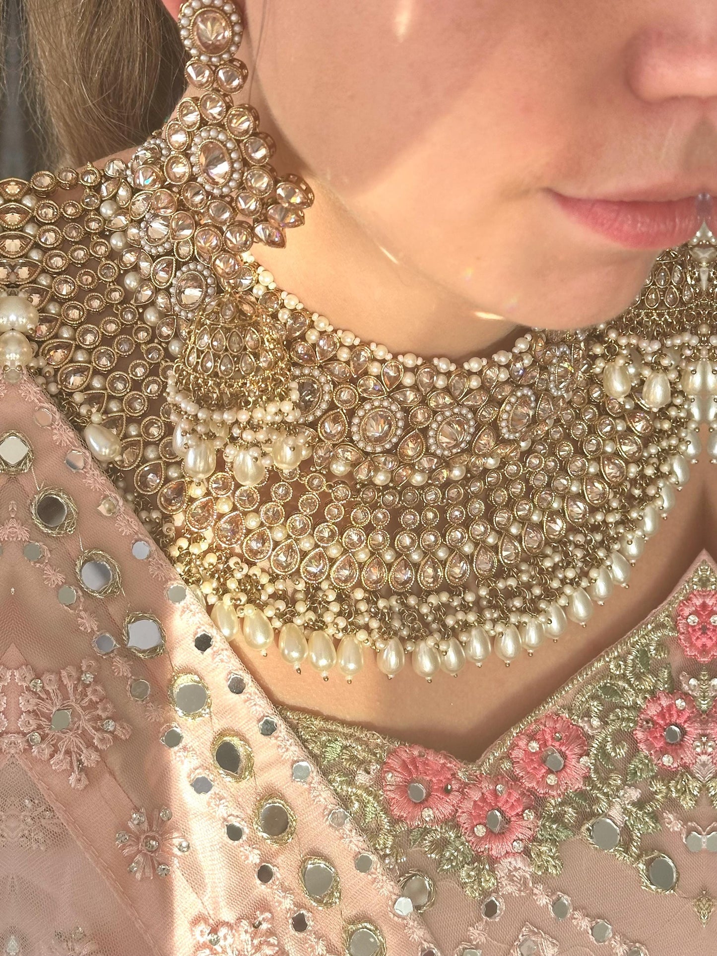 Antique gold & Champagne Double Bridal necklace set/Indian/ Pakistani Style/Wedding/Earring/Tikka