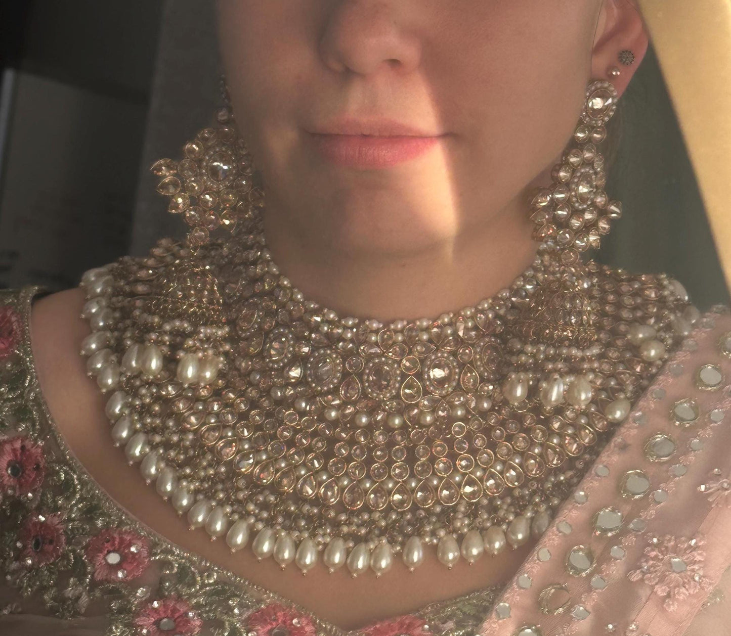 Antique gold & Champagne Double Bridal necklace set/Indian/ Pakistani Style/Wedding/Earring/Tikka