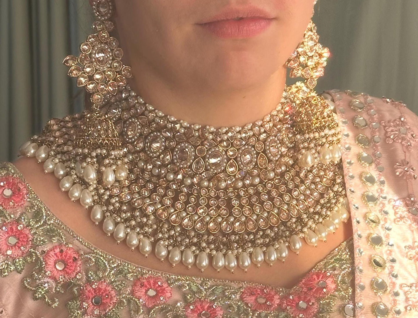 Antique gold & Champagne Double Bridal necklace set/Indian/ Pakistani Style/Wedding/Earring/Tikka