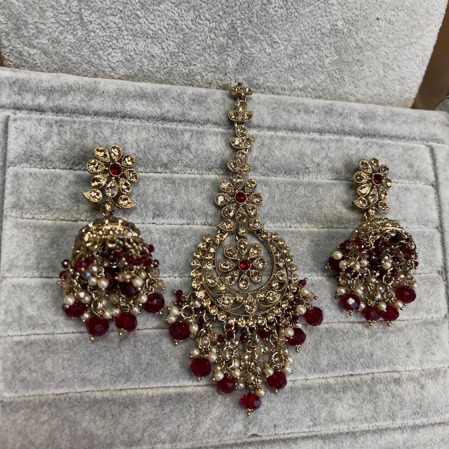 Maroon Bridal Choker Necklace set with Earring, Tikka and Jhumar Indian/ Pakistani Style/ Wedding/ Antique Gold/ Champagne Crystals