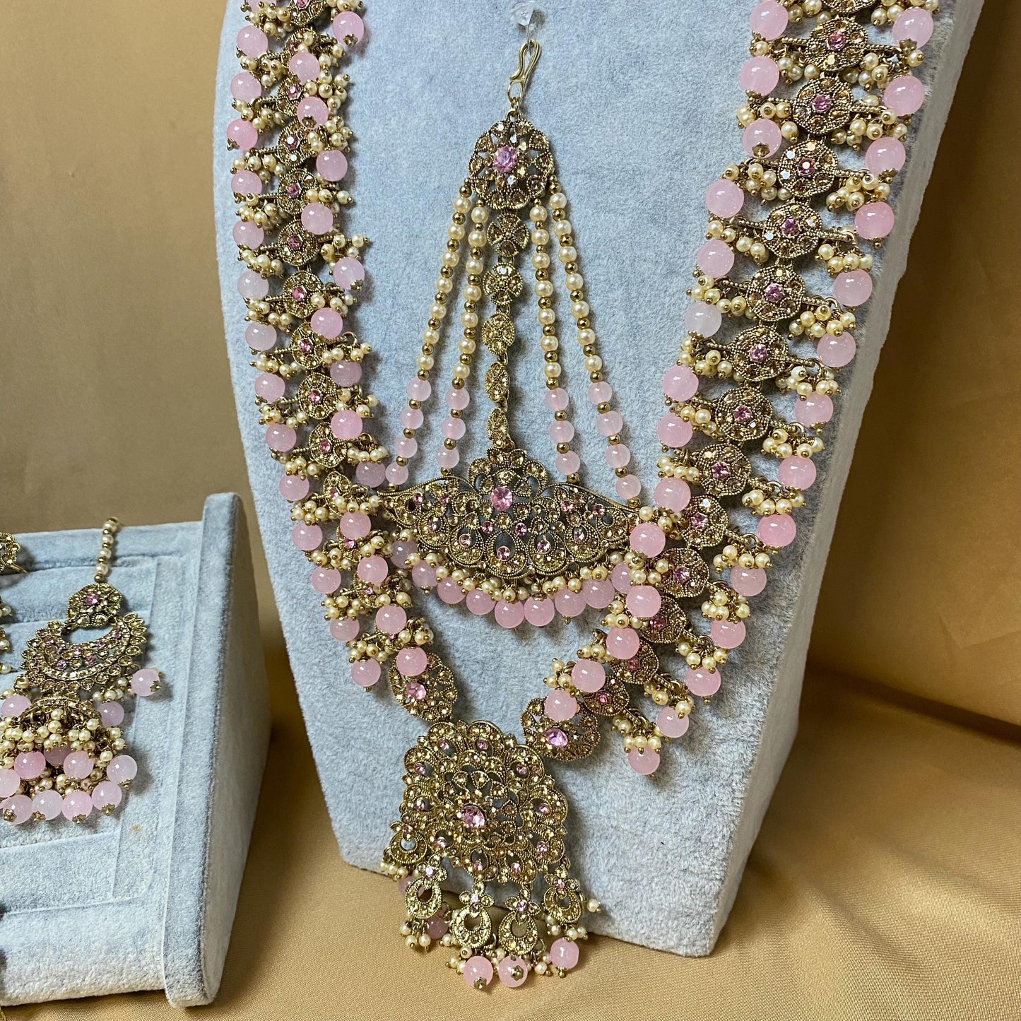 5pcs Indian Pink Bridal Choker Set w/Pink Stones (Necklace, Jhoomar, Hand Harness, Nose Pin & Jhumka Earrings) Pakistani Wedding Jewellery