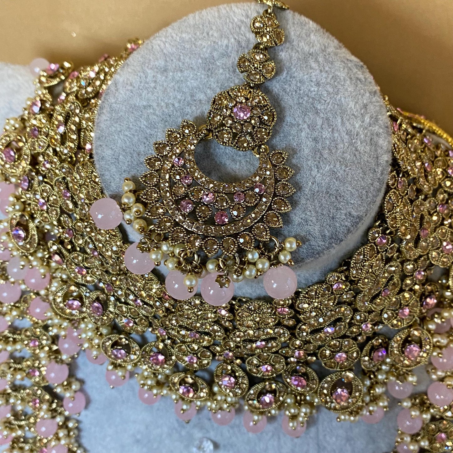 5pcs Indian Pink Bridal Choker Set w/Pink Stones (Necklace, Jhoomar, Hand Harness, Nose Pin & Jhumka Earrings) Pakistani Wedding Jewellery