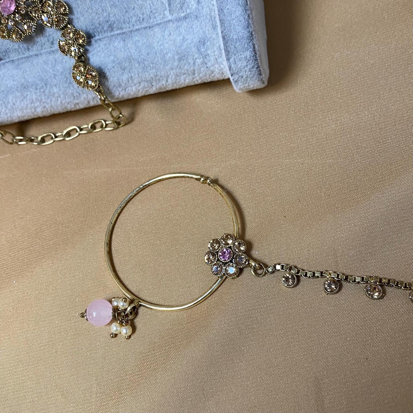 5pcs Indian Pink Bridal Choker Set w/Pink Stones (Necklace, Jhoomar, Hand Harness, Nose Pin & Jhumka Earrings) Pakistani Wedding Jewellery