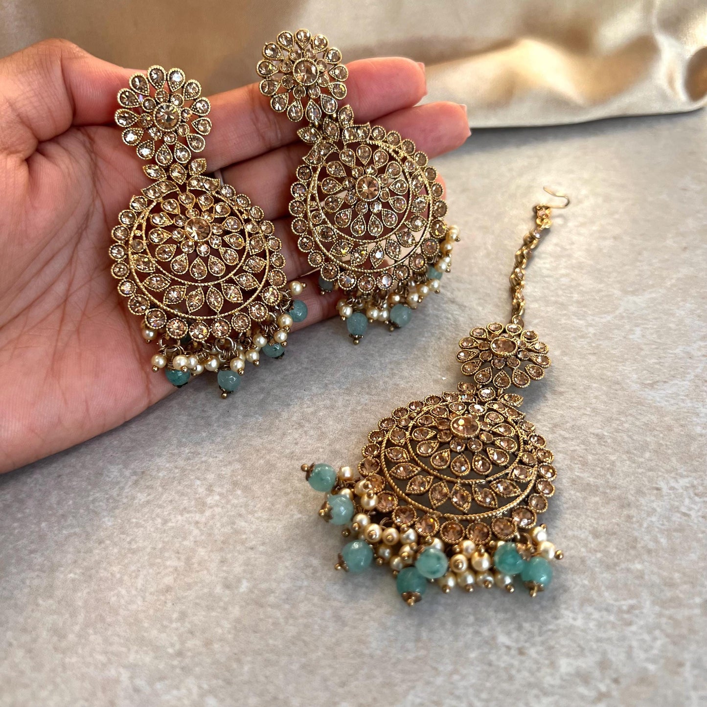 Blue Gold Earring and Tikka only/ Flat Earring Indian/ Pakistani Style/ Gift/ High Quality Lightweight Jewellery/ Desi Fashion/ Sale